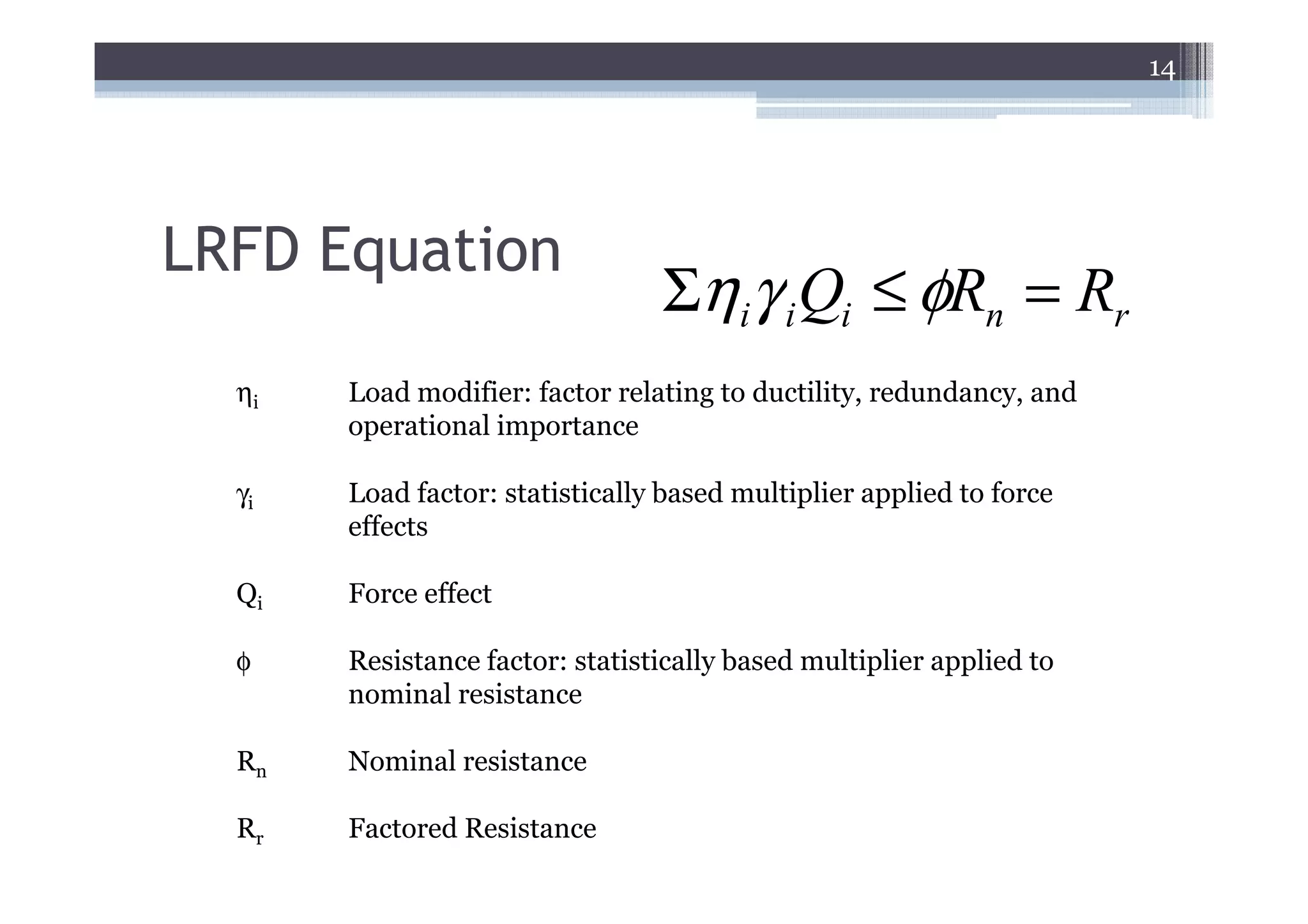 14




LRFD Equation
                                 Σηiγ i Qi ≤ φRn = Rr
  ηi   Load modifier: factor relating to ductility, redundancy, and
       operational importance

  γi   Load factor: statistically based multiplier applied to force
       effects

  Qi   Force effect

  φ    Resistance factor: statistically based multiplier applied to
       nominal resistance

  Rn   Nominal resistance

  Rr   Factored Resistance
 
