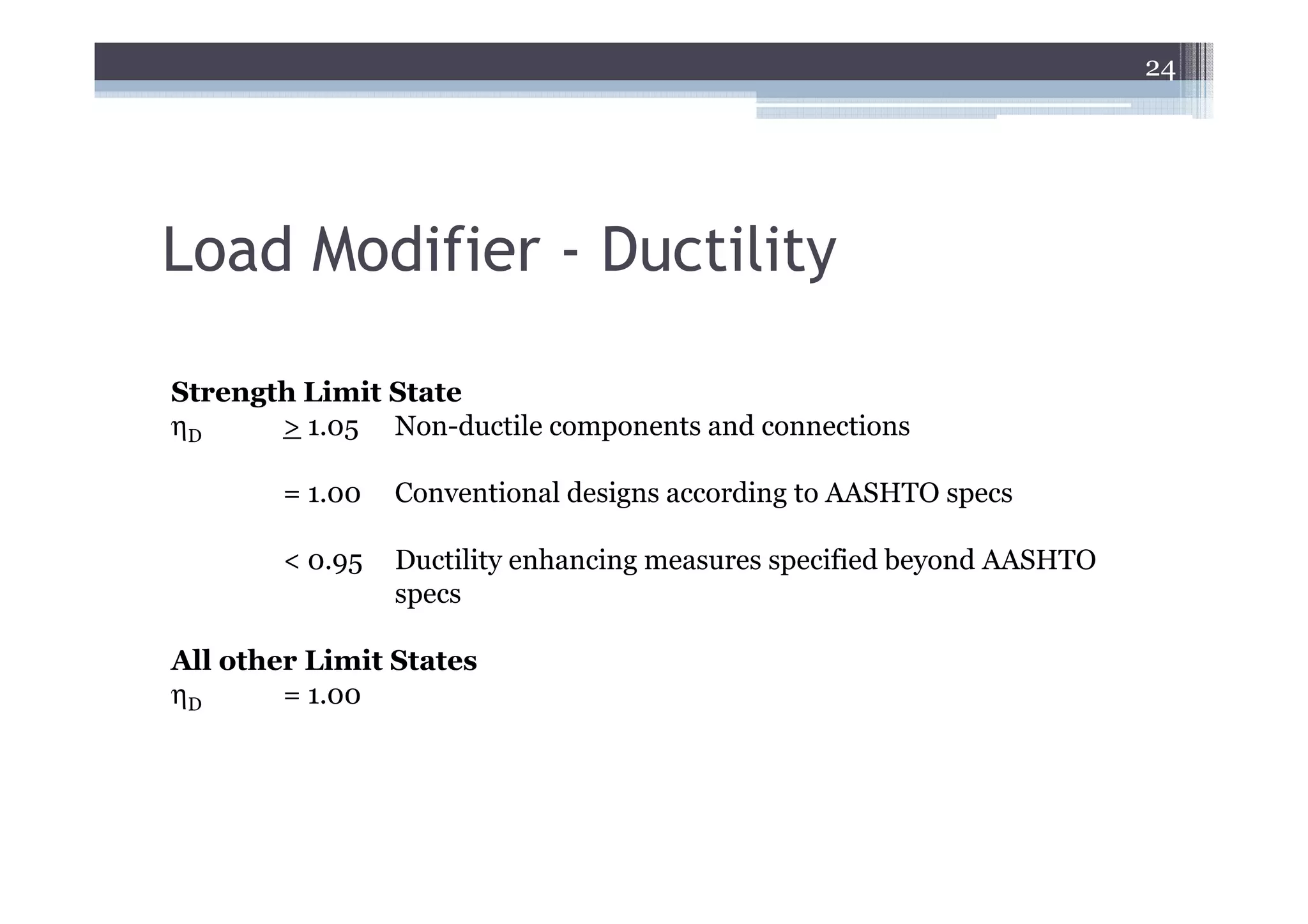 24




Load Modifier - Ductility

Strength Limit State
ηD     > 1.05 Non-ductile components and connections

        = 1.00   Conventional designs according to AASHTO specs

        < 0.95   Ductility enhancing measures specified beyond AASHTO
                 specs

All other Limit States
ηD      = 1.00
 