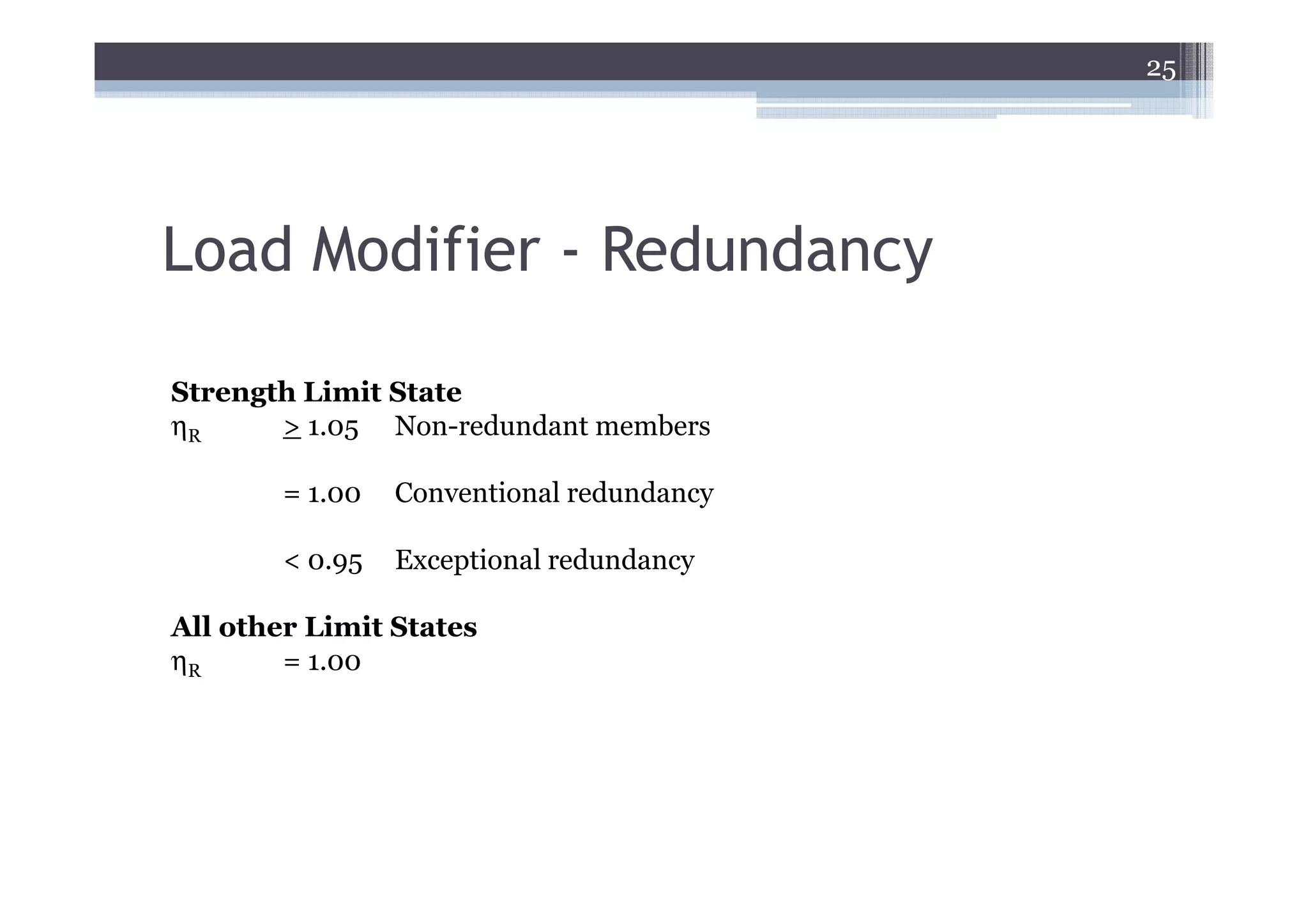 25




Load Modifier - Redundancy

Strength Limit State
ηR     > 1.05 Non-redundant members

        = 1.00   Conventional redundancy

        < 0.95   Exceptional redundancy

All other Limit States
ηR      = 1.00
 