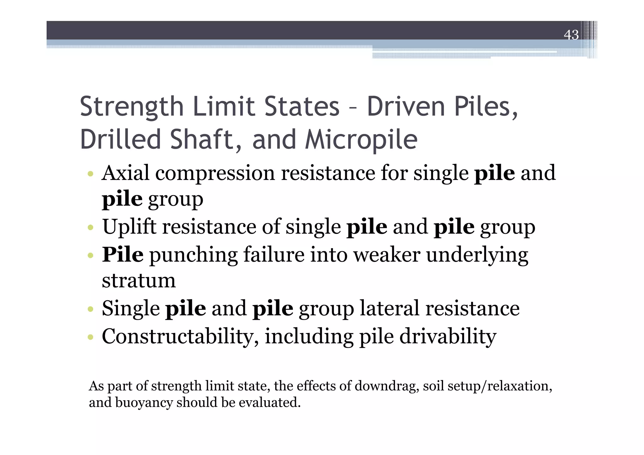 43




Strength Limit States – Driven Piles,
Drilled Shaft, and Micropile
• Axial compression resistance for single pile and
  pile group
• Uplift resistance of single pile and pile group
• Pile punching failure into weaker underlying
  stratum
• Single pile and pile group lateral resistance
• Constructability, including pile drivability

As part of strength limit state, the effects of downdrag, soil setup/relaxation,
and buoyancy should be evaluated.
 