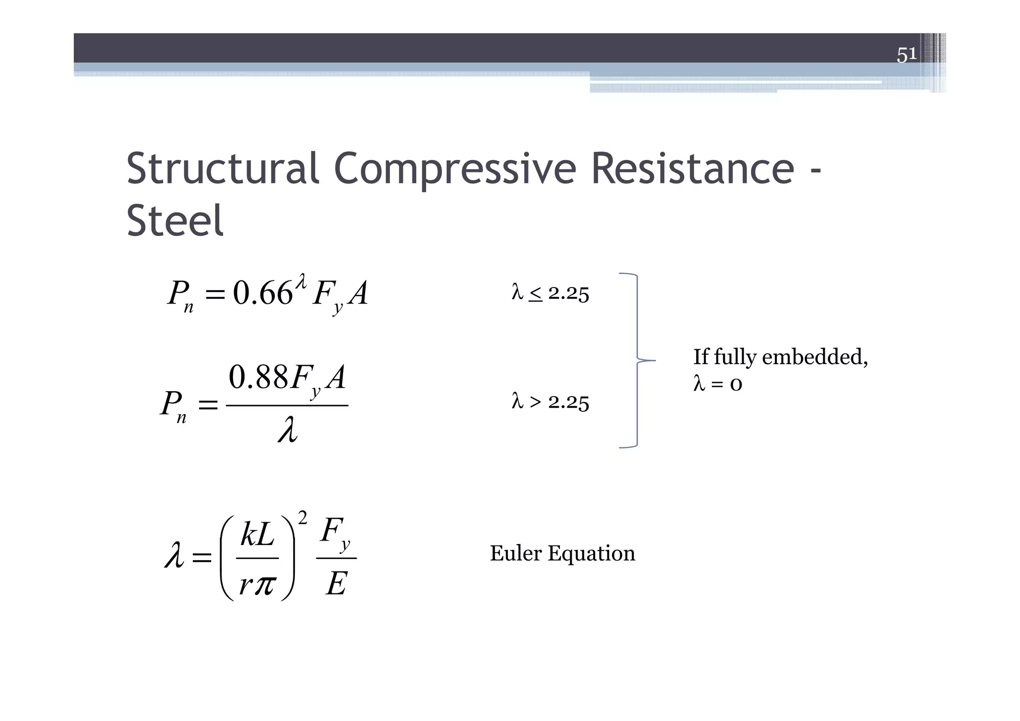 51




Structural Compressive Resistance -
Steel
  Pn = 0.66λ Fy A     λ < 2.25

                                     If fully embedded,
        0.88 Fy A                    λ=0
 Pn =                 λ > 2.25
           λ

               2
     kL  Fy
 λ =              Euler Equation
     rπ  E
 