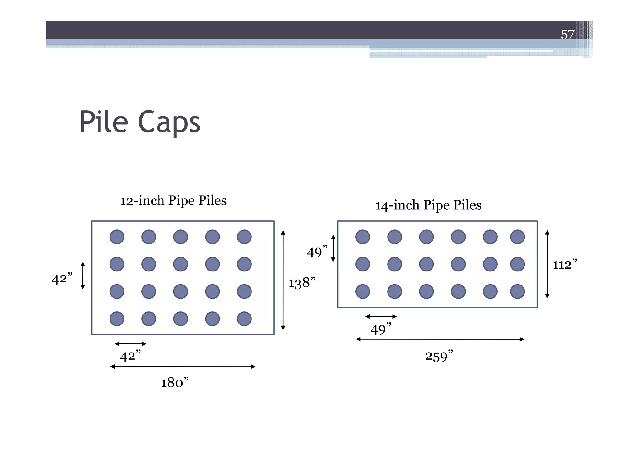 57




      Pile Caps

         12-inch Pipe Piles           14-inch Pipe Piles


                                49”
                                                           112”
42”                           138”


                                      49”

         42”                                  259”

               180”
 
