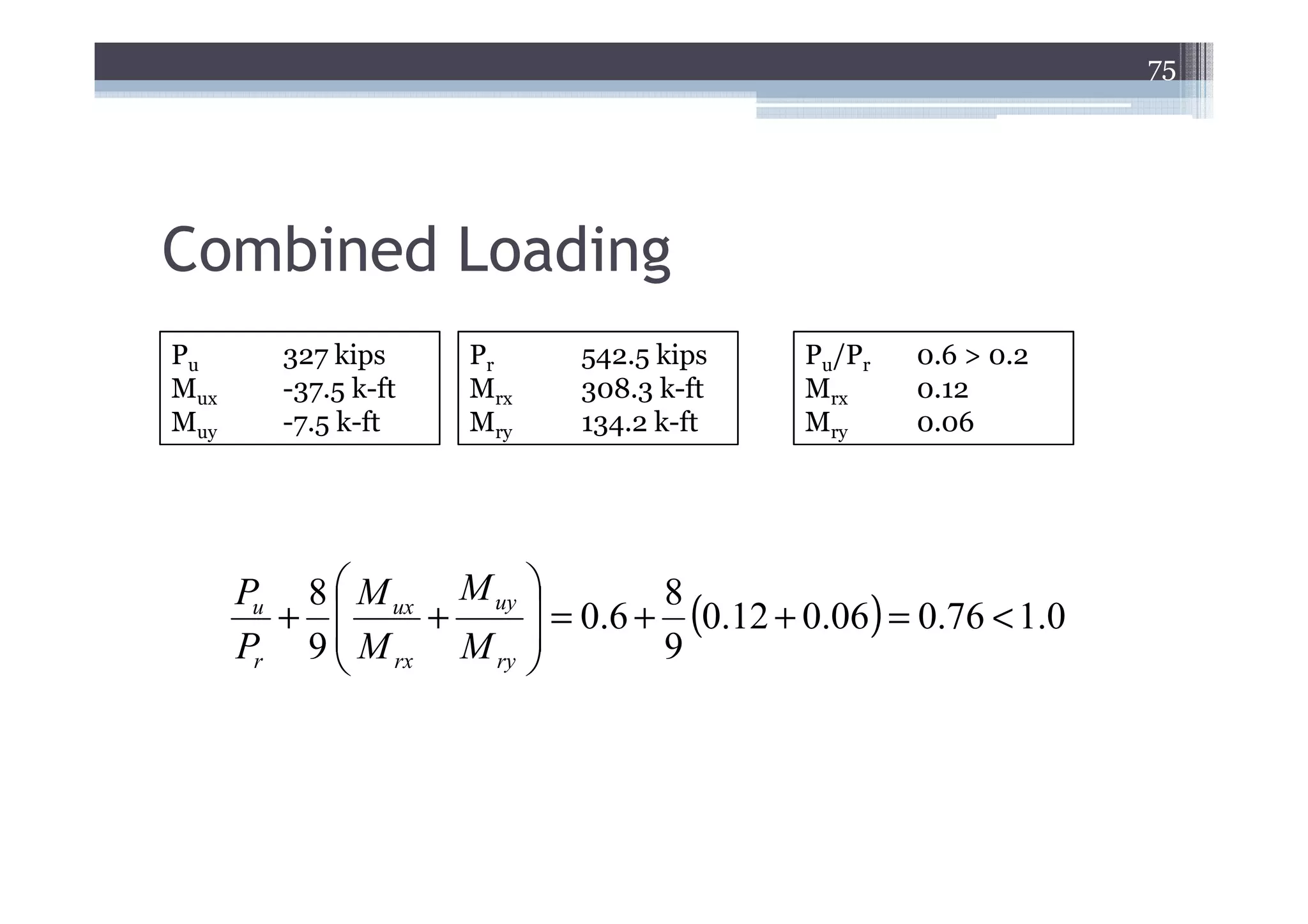 75




Combined Loading
Pu       327 kips     Pr    542.5 kips     Pu/Pr   0.6 > 0.2
Mux      -37.5 k-ft   Mrx   308.3 k-ft     Mrx     0.12
Muy      -7.5 k-ft    Mry   134.2 k-ft     Mry     0.06




      Pu 8  M ux M uy 
                       = 0.6 + 8 (0.12 + 0.06) = 0.76 < 1.0
        +        +
      Pr 9  rx M ry 
           M
                                9
 