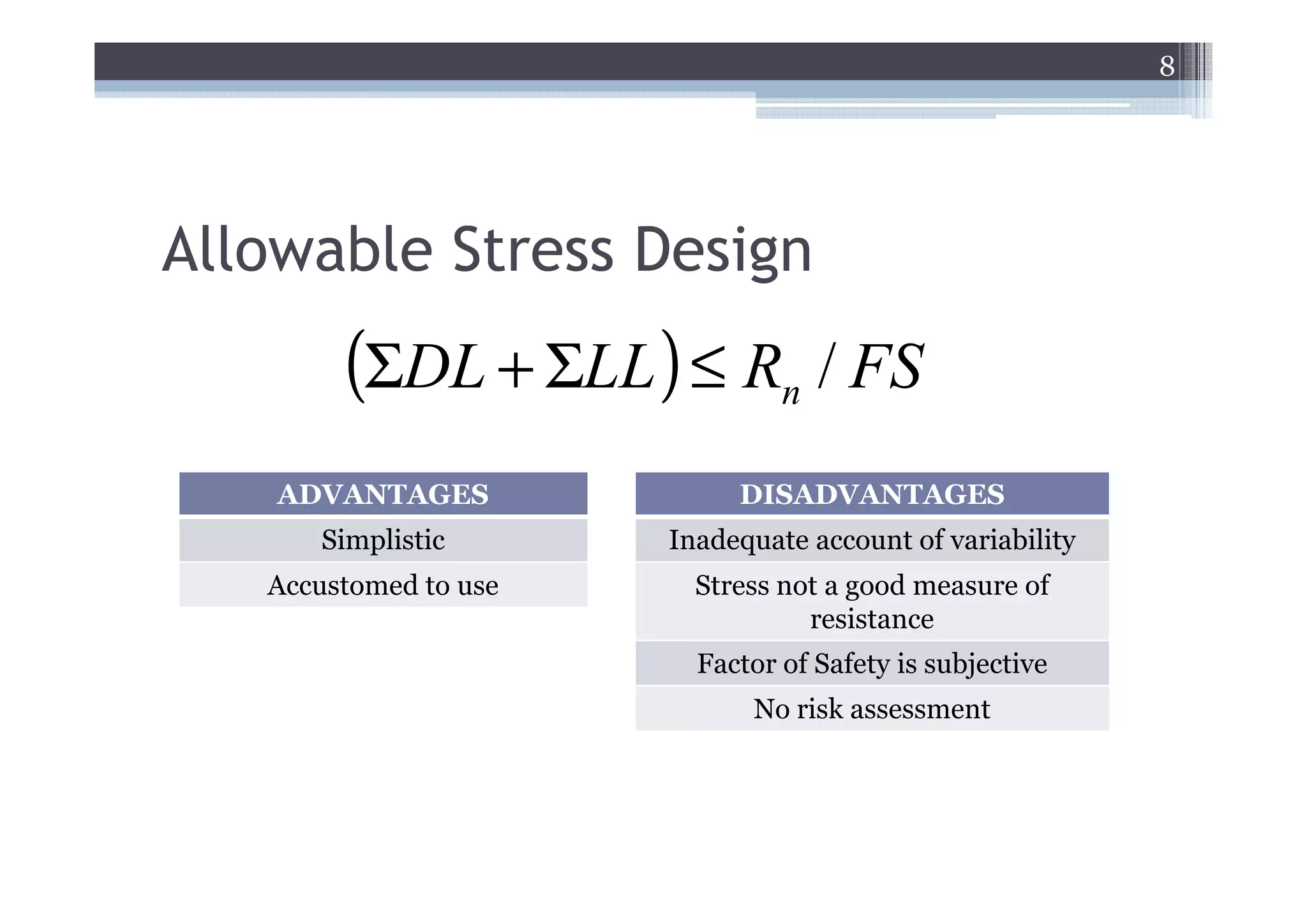8




Allowable Stress Design
        (ΣDL + ΣLL ) ≤ Rn / FS
    ADVANTAGES              DISADVANTAGES
      Simplistic       Inadequate account of variability
   Accustomed to use     Stress not a good measure of
                                  resistance
                         Factor of Safety is subjective
                             No risk assessment
 