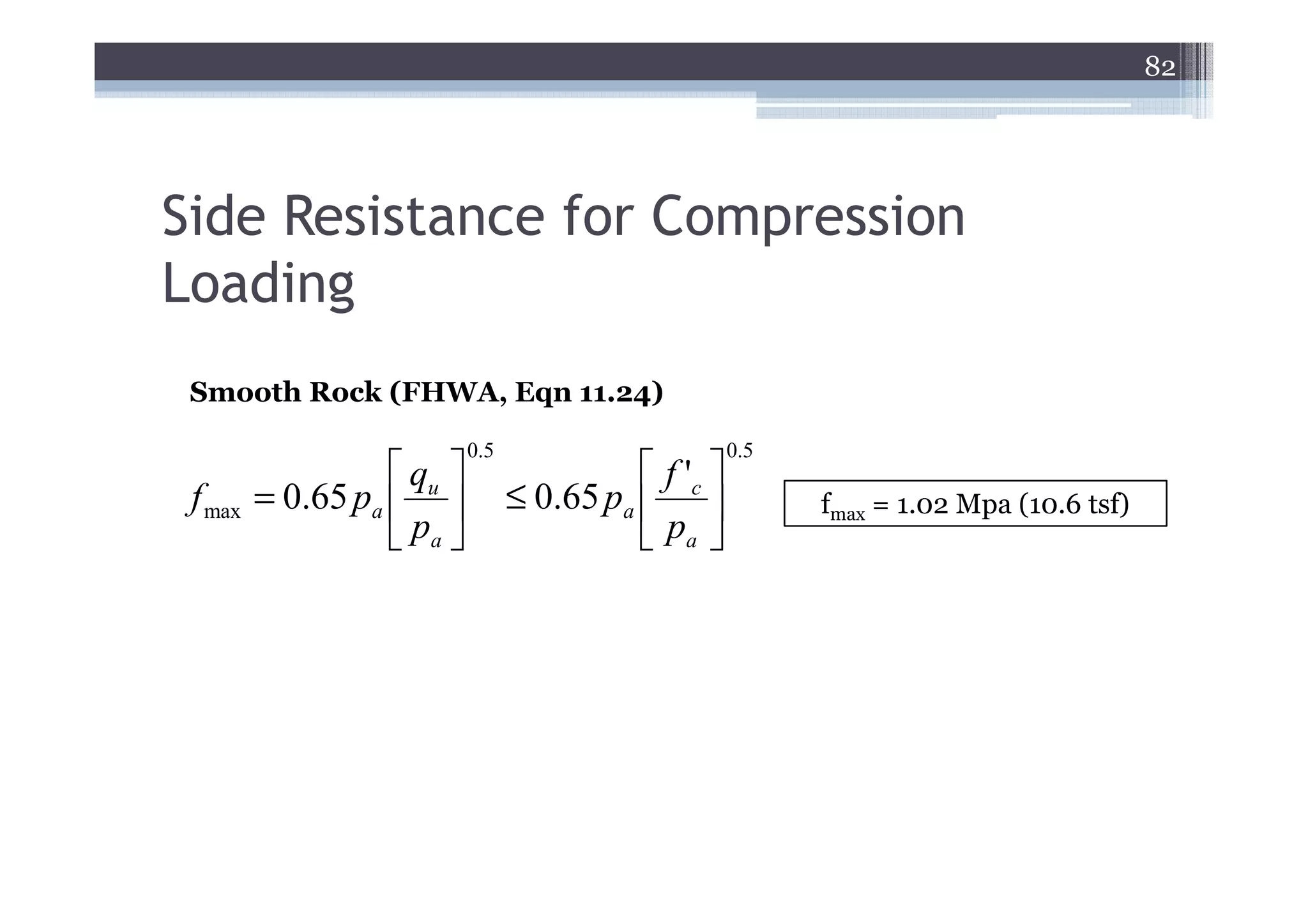 82




Side Resistance for Compression
Loading
 Smooth Rock (FHWA, Eqn 11.24)

                            0.5                        0.5
                    qu                     f 'c 
 f max   = 0.65 pa              ≤ 0.65 pa                fmax = 1.02 Mpa (10.6 tsf)
                    pa                     pa 
 