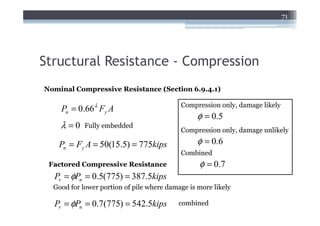 71




Structural Resistance - Compression
Nominal Compressive Resistance (Section 6.9.4.1)

    Pn = 0.66λ Fy A                        Compression only, damage likely
                                                 φ = 0.5
    λ =0    Fully embedded
                                           Compression only, damage unlikely

    Pn = Fy A = 50(15.5) = 775kips               φ = 0.6
                                           Combined
 Factored Compressive Resistance                 φ = 0.7
  Pr = φPn = 0.5(775) = 387.5kips
  Good for lower portion of pile where damage is more likely

  Pr = φPn = 0.7(775) = 542.5kips          combined
 