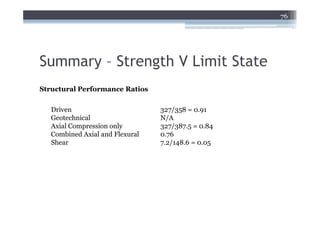 76




Summary – Strength V Limit State
Structural Performance Ratios

   Driven                        327/358 = 0.91
   Geotechnical                  N/A
   Axial Compression only        327/387.5 = 0.84
   Combined Axial and Flexural   0.76
   Shear                         7.2/148.6 = 0.05
 