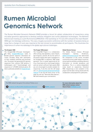 Updates from the Research NetworksUpdates from the Research Networks
Rumen Microbial
Genomics Network
The Rumen Microbial Genomics Network (RMG) provides a forum for global collaboration of researchers using
microbial genomics approaches to develop methane mitigation and rumen adaptation technologies. The Network
held its last meeting as a joint Ruminomics/RMG/ECO-‑FCE workshop on 15 June 2014 ahead of the main Rowett-
INRA gut microbiology conference. This was a hugely successful conference with the number of sessions being so
large that a change of room was required at the last minute to accommodate all participants. This illustrates the
importance of rumen microbiology to the global agricultural challenges.
The Hungate 1000
The Hungate1000 (Principal Investigator:
Bill Kelly, hungate1000.org.nz seeks to
provide genome sequence information for
rumen microbes along with information
on their metabolic potential and functional
role. The project has generated 251 genome
sequences from cultures (238 bacteria, 5
methanogens and 7 bacteriophage), and
sequences of ~670,000 individual genes. All
data is publically available at img.jgi.doe.gov.
The Fungal 1000 project
The Fungi1000 Project is a collaborative
effort among Joey Spatafora, Jason Stajich,
Igor Grigoriev, and the JGI. As the name of
the project implies their goal is analogous to
the Hungate1000, to sequence 1000 fungal
genomes. This is a great opportunity for all
of us. If you have one or more fungal isolates
and can extract sufficient high quality DNA
you are encouraged to provide samples for
sequencing. To do this visit the JGI fungal
site at genome.jgi.doe.gov/programs/fungi/
index.jsf in the top left hand corner of the
page you will see “Nominate New Species”.
We look forward to your contributions.
Global Rumen Census
The Global Rumen Census (Principal
Investigator: Gemma Henderson,
globalrumencensus.org.nz) has determined
the composition of the rumen microbial
community across a wide range of countries,
animal species and diets, providing reference
information on microbe prevalence and
abundance. This is a culture-independent
study based on sequencing ribosomal
RNA. Sequencing is now complete in this
project and the data is being shared with the
collaborators and prepared for publication.
The RMG network has gone 21st century! Follow us on:
facebook.com/RumenMicrobialGenomicsNetwork @RMG_network
For more information about the
RMG network please contact
Sharon Huws hnh@aber.ac.uk
 