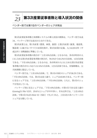 図書館システムの現在  ライブ ラ リ ー ・ リ ソ ー ス ・ ガ イ ド   2 0 1 3 年 冬号
自
治
体
構
造
に
よ
る
導
入
状
況
Case
23 第3次産業従事者数と導入状況の関係
ベンダー別では第1位のベンダーのシェアが突出
 第3次産業従事者数と図書館システムの導入状況の関係は、ベンダー別では表
34、パッケージ別では表35のとおりである。
 第3次産業とは、第1次産業（農業、林業、漁業）と第2次産業（鉱業、建設業、
製造業）に属さないすべての産業を指す。第3次産業の定義、人口は2010年（平
成22年）国勢調査に準拠している。
 第3次産業従事者数の割合が「上位10%自治体」となるのは、各市区町村の人
口に占める第3次産業従事者数の割合が、78.5%から92.2%の自治体、123自治体
である。「下位10%自治体」となるのは、各市町村の人口に占める第3次産業従
事者数の割合が21.1%から52.4%の自治体、125自治体である。対象館種は、公
共図書館に限定している。
 ベンダー別では、「上位10%自治体」で、第1位のNECのシェアが38.2%である。
「下位10%自治体」では、第1位は富士通で、シェアは40.8%である。ベンダー別
に見るシェアでは、「上位10%自治体」「下位10%自治体」ともに、第1位のシェ
アが突出している。
 パッケージ別に見るシェアでは、「下位10%自治体」の第1位である富士通の
iLiswing21/We V2が、29.6％とシェアがやや多い。それ以外では、「上位10%自
治体」で第1位のLiCS-Web V2（NEC）でも17.1%と、上位5社の各パッケージの
シェアは分散している。
 