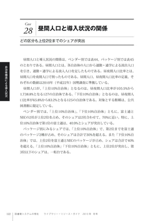 図書館システムの現在  ライブ ラ リ ー ・ リ ソ ー ス ・ ガ イ ド   2 0 1 3 年 冬号
自
治
体
構
造
に
よ
る
導
入
状
況
Case
28 昼間人口と導入状況の関係
どの区分も上位2位までのシェアが突出
 昼間人口と導入状況の関係は、ベンダー別では表44、パッケージ別では表45
のとおりである。昼間人口とは、各自治体の人口から通勤・通学による流出人口
を引き、通勤・通学による流入人口を足したものである。昼夜間人口比率とは、
昼間人口を夜間人口で割ったものである。昼間人口、昼夜間人口比率の定義、そ
れぞれの数値は2010年（平成22年）国勢調査に準拠している。
 昼間人口が、「上位10%自治体」となるのは、昼夜間人口比率が105.5%から
1,738.8%となる127の自治体である。「下位10%自治体」となるのは、昼夜間人
口比率が65.8%から83.2%となる125の自治体である。対象とする館種は、公共
図書館に限定している。
 ベンダー別では、「上位10%自治体」、「下位10%自治体」ともに、富士通と
NECの2社が上位2位を占め、そのシェアは2社合わせて、70%に近い。特に、上
位10%自治体で第1位の富士通は、40.9%とシェアが突出している。
 パッケージ別にみるシェアでは、「上位10%自治体」で、第2位までを富士通
のパッケージ2種が占め、そのシェアは合計で30%を超える。また「下位10%自
治体」では、上位2位を富士通とNECのパッケージが占め、シェアは合計で40%
を超える。「上位10%自治体」「下位10%自治体」ともに、上位2位が突出し、第
3位以下のシェアは、一桁台である。
 