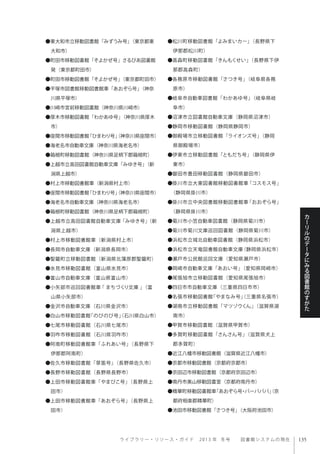 ラ イ ブ ラ リ ー ・ リ ソ ー ス ・ ガ イ ド  2013 年 冬号  図書館システムの現在
カ
ー
リ
ル
の
デ
ー
タ
に
み
る
図
書
館
の
す
が
た
●東大和市立移動図書館「みずうみ号」（東京都東
大和市）
●町田市移動図書館「そよかぜ号」さるびあ図書館
発（東京都町田市）
●町田市移動図書館「そよかぜ号」（東京都町田市）
●平塚市図書館移動図書館車「あおぞら号」（神奈
川県平塚市）
●川崎市宮前移動図書館（神奈川県川崎市）
●厚木市移動図書館「わかあゆ号」（神奈川県厚木
市）
●座間市移動図書館「ひまわり号」（神奈川県座間市）
●海老名市自動車文庫（神奈川県海老名市）
●箱根町移動図書館（神奈川県足柄下郡箱根町）
●上越市立高田図書館自動車文庫「みゆき号」（新
潟県上越市）
●村上市移動図書館車（新潟県村上市）
●座間市移動図書館「ひまわり号」（神奈川県座間市）
●海老名市自動車文庫（神奈川県海老名市）
●箱根町移動図書館（神奈川県足柄下郡箱根町）
●上越市立高田図書館自動車文庫「みゆき号」（新
潟県上越市）
●村上市移動図書館車（新潟県村上市）
●長岡市自動車文庫（新潟県長岡市）
●聖籠町立移動図書館（新潟県北蒲原郡聖籠町）
●氷見市移動図書館（富山県氷見市）
●富山市自動車文庫（富山県富山市）
●小矢部市巡回図書館車 ｢ まちづくり文庫 ｣（富
山県小矢部市）
●金沢市自動車文庫（石川県金沢市）
●白山市移動図書館「のびのび号」（石川県白山市）
●七尾市移動図書館（石川県七尾市）
●羽咋市移動図書館（石川県羽咋市）
●阿南町移動図書館車「ふれあい号」（長野県下
伊那郡阿南町）
●佐久市移動図書館「草笛号」（長野県佐久市）
●長野市移動図書館（長野県長野市）
●上田市移動図書館車「やまびこ号」（長野県上
田市）
●上田市移動図書館車「あおぞら号」（長野県上
田市）
●松川町移動図書館「よみまいカー」（長野県下
伊那郡松川町）
●高森町移動図書館「きんもくせい」（長野県下伊
那郡高森町）
●各務原市移動図書館「さつき号」（岐阜県各務
原市）
●岐阜市自動車図書館「わかあゆ号」（岐阜県岐
阜市）
●沼津市立図書館自動車文庫（静岡県沼津市）
●静岡市移動図書館（静岡県静岡市）
●御殿場市立移動図書館「ライオンズ号」（静岡
県御殿場市）
●伊東市立移動図書館「ともだち号」（静岡県伊
東市）
●磐田市豊田移動図書館（静岡県磐田市）
●掛川市立大東図書館移動図書館車「コスモス号」
（静岡県掛川市）
●掛川市立中央図書館移動図書館車「おおぞら号」
（静岡県掛川市）
●菊川市小笠自動車図書館（静岡県菊川市）
●菊川市菊川文庫巡回図書館（静岡県菊川市）
●浜松市立城北自動車図書館（静岡県浜松市）
●浜松市立天竜図書館自動車文庫（静岡県浜松市）
●瀬戸市公民館巡回文庫（愛知県瀬戸市）
●岡崎市自動車文庫「あおい号」（愛知県岡崎市）
●尾張旭市立移動図書館（愛知県尾張旭市）
●四日市市自動車文庫（三重県四日市市）
●名張市移動図書館「やまなみ号」（三重県名張市）
●湖南市立移動図書館「マツゾウくん」（滋賀県湖
南市）
●甲賀市移動図書館（滋賀県甲賀市）
●多賀町移動図書館「さんさん号」（滋賀県犬上
郡多賀町）
●近江八幡市移動図書館（滋賀県近江八幡市）
●京都市移動図書館（京都府京都市）
●京田辺市移動図書館（京都府京田辺市）
●南丹市美山移動図書室（京都府南丹市）
●精華町移動図書館車「あおぞら号・バーバパパ」（京
都府相楽郡精華町）
●池田市移動図書館「さつき号」（大阪府池田市）
 