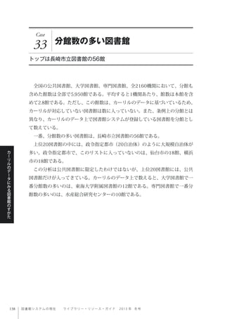 図書館システムの現在  ライブ ラ リ ー ・ リ ソ ー ス ・ ガ イ ド   2 0 1 3 年 冬号
カ
ー
リ
ル
の
デ
ー
タ
に
み
る
図
書
館
の
す
が
た
Case
33 分館数の多い図書館
トップは長崎市立図書館の56館
 全国の公共図書館、大学図書館、専門図書館、全2160機関において、分館も
含めた館数は全部で5,950館である。平均すると1機関あたり、館数は本館を含
めて2.8館である。ただし、この館数は、カーリルのデータに基づいているため、
カーリルが対応していない図書館は数に入っていない。また、条例上の分館とは
異なり、カーリルのデータ上で図書館システムが登録している図書館を分館とし
て数えている。
 一番、分館数の多い図書館は、長崎市立図書館の56館である。
 上位20図書館の中には、政令指定都市（20自治体）のように大規模自治体が
多い。政令指定都市で、このリストに入っていないのは、仙台市の18館、横浜
市の18館である。
 この分析は公共図書館に限定したわけではないが、上位20図書館には、公共
図書館だけが入ってきている。カーリルのデータ上で数えると、大学図書館で一
番分館数の多いのは、東海大学附属図書館の12館である。専門図書館で一番分
館数の多いのは、水産総合研究センターの10館である。
 