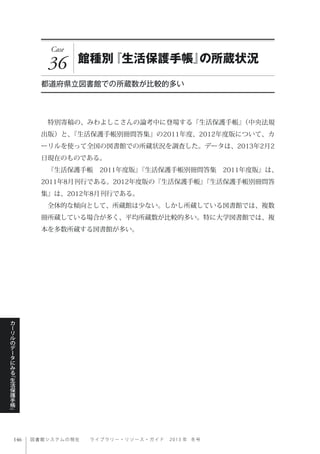 図書館システムの現在  ライブ ラ リ ー ・ リ ソ ー ス ・ ガ イ ド   2 0 1 3 年 冬号
カ
ー
リ
ル
の
デ
ー
タ
に
み
る
﹃
生
活
保
護
手
帳
﹄
Case
36 館種別『生活保護手帳』の所蔵状況
都道府県立図書館での所蔵数が比較的多い
 特別寄稿の、みわよしこさんの論考中に登場する『生活保護手帳』（中央法規
出版）と、『生活保護手帳別冊問答集』の2011年度、2012年度版について、カ
ーリルを使って全国の図書館での所蔵状況を調査した。データは、2013年2月2
日現在のものである。
 『生活保護手帳 2011年度版』『生活保護手帳別冊問答集 2011年度版』は、
2011年8月刊行である。2012年度版の『生活保護手帳』『生活保護手帳別冊問答
集』は、2012年8月刊行である。
 全体的な傾向として、所蔵館は少ない。しかし所蔵している図書館では、複数
冊所蔵している場合が多く、平均所蔵数が比較的多い。特に大学図書館では、複
本を多数所蔵する図書館が多い。
 
