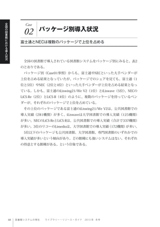 図書館システムの現在  ライブ ラ リ ー ・ リ ソ ー ス ・ ガ イ ド   2 0 1 3 年 冬号
全
国
の
図
書
館
に
お
け
る
導
入
状
況
Case
02 パッケージ別導入状況
富士通とNECは複数のパッケージで上位を占める
 全国の図書館で導入されている図書館システムをパッケージ別にみると、表2
のとおりである。
 パッケージ別（Case01参照）からも、富士通やNECといった大手ベンダーが
上位を占める結果となっていたが、パッケージでのシェアを見ても、富士通（1
位と5位）やNEC（2位と4位）といった大手ベンダーが上位を占める結果となっ
ている。しかも、富士通のiLiswing21/We V2（1位）とiLiswave（5位）、NECの
LiCS-Re（2位）とLiCS-R（4位）のように、複数のパッケージを持っているベン
ダーが、それぞれのパッケージで上位を占めている。
 その上位のパッケージである富士通のiLiswing21/We V2は、公共図書館での
導入実績（281機関）が多く、iLiswaveは大学図書館での導入実績（125機関）
が多い。NECのLiCS-ReとLiCS-Rは、公共図書館での導入実績（合計で337機関）
が多い。3位のリコーのLimedioは、大学図書館での導入実績（172機関）が多い。
 5位以下のパッケージも公共図書館、大学図書館、専門図書館のいずれかでの
導入実績が多いという傾向があり、どの館種にも強いシステムはない。それぞれ
の得意とする館種がある、という印象である。
 