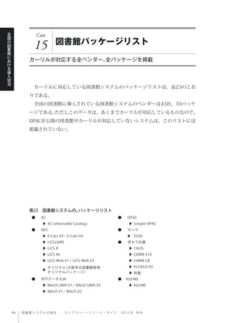 図書館システムの現在  ライブ ラ リ ー ・ リ ソ ー ス ・ ガ イ ド   2 0 1 3 年 冬号
全
国
の
図
書
館
に
お
け
る
導
入
状
況
Case
15 図書館パッケージリスト
カーリルが対応する全ベンダー、全パッケージを掲載
 カーリルに対応している図書館システムのパッケージリストは、表23のとお
りである。
 全国の図書館に導入されている図書館システムのベンダーは43社、70パッケ
ージである。ただしこのデータは、あくまでカーリルが対応しているものなので、
OPAC非公開の図書館やカーリルが対応していないシステムは、このリストには
掲載されていない。
● XC ● OPAC
▶ XC（eXtensible Catalog） ▶ Simple-OPAC
● NEC ● キハラ
▶ E-Cats V3／E-Cats V4 ▶ ELISE
▶ LiCSLIVRE ● 京セラ丸善
▶ LiCS-R ▶ CALIS
▶ LiCS-Re ▶ CARIN 510
▶ LiCS-Web V1／LiCS-Web V2 ▶ CARIN CB
▶
オリジナル（大阪市立図書館採用
オリジナルパッケージ）
▶ ELCIELO V2
▶ 校倉
● NTTデータ九州 ● KULINE
▶ NALIS UNIV V1／NALIS UNIV V2 ▶ KULINE
▶ NALIS V1／NALIS V2
表23 図書館システムの、パッケージリスト
 