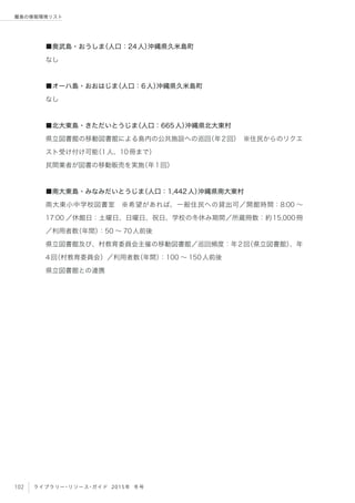 102 ライブラリー・リソース・ガイド 2015年 冬号
離島の情報環境リスト
■奥武島・おうしま（人口：24人）沖縄県久米島町
なし
■オーハ島・おおはじま（人口：6人）沖縄県久米島町
なし
■北大東島・きただいとうじま（人口：665人）沖縄県北大東村
県立図書館の移動図書館による島内の公共施設への巡回（年2回） ※住民からのリクエ
スト受け付け可能（1人、10冊まで）
民間業者が図書の移動販売を実施（年1回）
■南大東島・みなみだいとうじま（人口：1,442人）沖縄県南大東村
南大東小中学校図書室 ※希望があれば、一般住民への貸出可／開館時間：8:00 ∼
17:00 ／休館日：土曜日、日曜日、祝日、学校の冬休み期間／所蔵冊数：約15,000冊
／利用者数（年間）：50 ∼ 70人前後
県立図書館及び、村教育委員会主催の移動図書館／巡回頻度：年2回（県立図書館）、年
4回（村教育委員会）／利用者数（年間）：100 ∼ 150人前後
県立図書館との連携
 