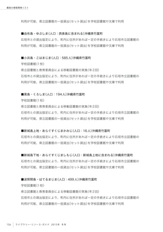106 ライブラリー・リソース・ガイド 2015年 冬号
離島の情報環境リスト
利用が可能、県立図書館の一括貸出（セット貸出）を学校図書館や文庫で利用
■由布島・ゆぶしま（人口：西表島に含まれる）沖縄県竹富町
石垣市との貸出協定により、町内に住所があれば一定の手続きにより石垣市立図書館の
利用が可能、県立図書館の一括貸出（セット貸出）を学校図書館や文庫で利用
■小浜島・こはまじま（人口：585人）沖縄県竹富町
学校図書館（1校）
県立図書館と教育委員会による移動図書館の実施（年2回）
石垣市との貸出協定により、町内に住所があれば一定の手続きにより石垣市立図書館の
利用が可能、県立図書館の一括貸出（セット貸出）を学校図書館や文庫で利用
■黒島・くろしま（人口：194人）沖縄県竹富町
学校図書館（1校）
県立図書館と教育委員会による移動図書館の実施（年2回）
石垣市との貸出協定により、町内に住所があれば一定の手続きにより石垣市立図書館の
利用が可能、県立図書館の一括貸出（セット貸出）を学校図書館や文庫で利用
■新城島上地・あらぐすくじまかみじ（人口：16人）沖縄県竹富町
石垣市との貸出協定により、町内に住所があれば一定の手続きにより石垣市立図書館の
利用が可能、県立図書館の一括貸出（セット貸出）を学校図書館や文庫で利用
■新城島下地・あらぐすくじましもじ（人口：新城島上地に含まれる）沖縄県竹富町
石垣市との貸出協定により、町内に住所があれば一定の手続きにより石垣市立図書館の
利用が可能、県立図書館の一括貸出（セット貸出）を学校図書館や文庫で利用
■波照間島・はてるまじま（人口：499人）沖縄県竹富町
学校図書館（1校）
県立図書館と教育委員会による移動図書館の実施（年2回）
石垣市との貸出協定により、町内に住所があれば一定の手続きにより石垣市立図書館の
利用が可能、県立図書館の一括貸出（セット貸出）を学校図書館や文庫で利用
 
