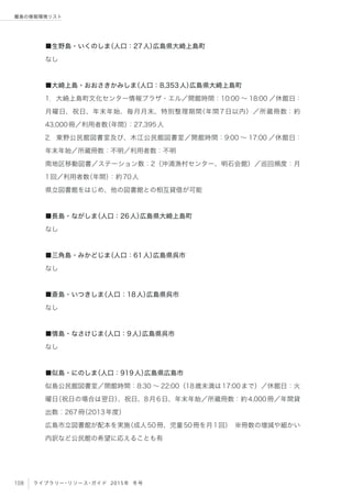 108 ライブラリー・リソース・ガイド 2015年 冬号
離島の情報環境リスト
■生野島・いくのしま（人口：27人）広島県大崎上島町
なし
■大崎上島・おおさきかみしま（人口：8,353人）広島県大崎上島町
1．大崎上島町文化センター情報プラザ・エル／開館時間：10:00 ∼ 18:00 ／休館日：
月曜日、祝日、年末年始、毎月月末、特別整理期間（年間7日以内）／所蔵冊数：約
43,000冊／利用者数（年間）：27,395人
2．東野公民館図書室及び、木江公民館図書室／開館時間：9:00 ∼ 17:00 ／休館日：
年末年始／所蔵冊数：不明／利用者数：不明
南地区移動図書／ステーション数：2（沖浦漁村センター、明石会館）／巡回頻度：月
1回／利用者数（年間）：約70人
県立図書館をはじめ、他の図書館との相互貸借が可能
■長島・ながしま（人口：26人）広島県大崎上島町
なし
■三角島・みかどじま（人口：61人）広島県呉市
なし
■斎島・いつきしま（人口：18人）広島県呉市
なし
■情島・なさけじま（人口：9人）広島県呉市
なし
■似島・にのしま（人口：919人）広島県広島市
似島公民館図書室／開館時間：8:30 ∼ 22:00（18歳未満は17:00まで）／休館日：火
曜日（祝日の場合は翌日）、祝日、8月6日、年末年始／所蔵冊数：約4,000冊／年間貸
出数：267冊（2013年度）
広島市立図書館が配本を実施（成人50冊、児童50冊を月1回） ※冊数の増減や細かい
内訳など公民館の希望に応えることも有
 