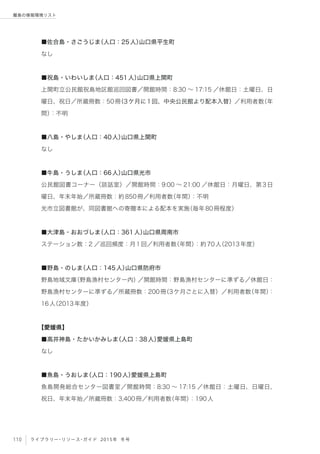 110 ライブラリー・リソース・ガイド 2015年 冬号
離島の情報環境リスト
■佐合島・さごうじま（人口：25人）山口県平生町
なし
■祝島・いわいしま（人口：451人）山口県上関町
上関町立公民館祝島地区館巡回図書／開館時間：8:30 ∼ 17:15 ／休館日：土曜日、日
曜日、祝日／所蔵冊数：50冊（3ケ月に1回、中央公民館より配本入替）／利用者数（年
間）：不明
■八島・やしま（人口：40人）山口県上関町
なし
■牛島・うしま（人口：66人）山口県光市
公民館図書コーナー（談話室）／開館時間：9:00 ∼ 21:00 ／休館日：月曜日、第3日
曜日、年末年始／所蔵冊数：約850冊／利用者数（年間）：不明
光市立図書館が、同図書館への寄贈本による配本を実施（毎年80冊程度）
■大津島・おおづしま（人口：361人）山口県周南市
ステーション数：2 ／巡回頻度：月1回／利用者数（年間）：約70人（2013年度）
■野島・のしま（人口：145人）山口県防府市
野島地域文庫（野島漁村センター内）／開館時間：野島漁村センターに準ずる／休館日：
野島漁村センターに準ずる／所蔵冊数：200冊（3ケ月ごとに入替）／利用者数（年間）：
16人（2013年度）
【愛媛県】
■高井神島・たかいかみしま（人口：38人）愛媛県上島町
なし
■魚島・うおしま（人口：190人）愛媛県上島町
魚島開発総合センター図書室／開館時間：8:30 ∼ 17:15 ／休館日：土曜日、日曜日、
祝日、年末年始／所蔵冊数：3,400冊／利用者数（年間）：190人
 
