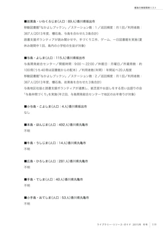 119ライブラリー・リソース・ガイド 2015年 冬号
離島の情報環境リスト
■岩黒島・いわくろじま（人口：89人）香川県坂出市
移動図書館「なかよしブックン」／ステーション数：1 ／巡回頻度：月1回／利用者数：
367人（2013年度、櫃石島、与島を合わせた3島合計）
読書支援ボランティアが読み聞かせや、手づくり工作、ゲーム、一日図書館を実施（夏
休み期間中1回、島内の小学校の生徒が対象）
■与島・よしま（人口：115人）香川県坂出市
与島開発総合センター／開館時間：9:00 ∼ 22:00 ／休館日：月曜日／所蔵冊数：約
100冊（うち40冊は図書館からの配本）／利用者数（年間）：年間延べ20人程度
移動図書館「なかよしブックン」／ステーション数：2 ／巡回頻度：月1回／利用者数：
367人（2013年度、櫃石島、岩黒島を合わせた3島合計）
与島地区社協と読書支援ボランティアが連携し、紙芝居やお話しをする思い出語りの会
「与島仲間づくり」を実施（年2回、与島開発総合センターで地区のお年寄りが対象）
■小与島・こよしま（人口：4人）香川県坂出市
なし
■本島・ほんじま（人口：492人）香川県丸亀市
不明
■牛島・うしじま（人口：14人）香川県丸亀市
不明
■広島・ひろしま（人口：281人）香川県丸亀市
不明
■手島・てしま（人口：40人）香川県丸亀市
不明
■小手島・おてしま（人口：53人）香川県丸亀市
不明
 