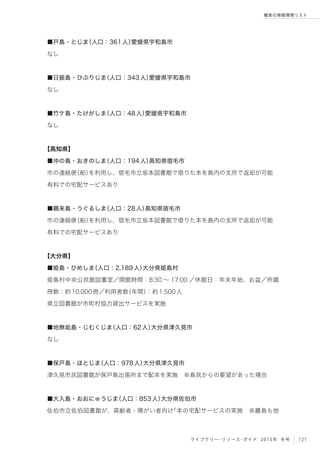 121ライブラリー・リソース・ガイド 2015年 冬号
離島の情報環境リスト
■戸島・とじま（人口：361人）愛媛県宇和島市
なし
■日振島・ひぶりじま（人口：343人）愛媛県宇和島市
なし
■竹ケ島・たけがしま（人口：48人）愛媛県宇和島市
なし
【高知県】
■沖の島・おきのしま（人口：194人）高知県宿毛市
市の連絡便（船）を利用し、宿毛市立坂本図書館で借りた本を島内の支所で返却が可能
有料での宅配サービスあり
■鵜来島・うぐるしま（人口：28人）高知県宿毛市
市の連絡便（船）を利用し、宿毛市立坂本図書館で借りた本を島内の支所で返却が可能
有料での宅配サービスあり
【大分県】
■姫島・ひめしま（人口：2,189人）大分県姫島村
姫島村中央公民館図書室／開館時間：8:30 ∼ 17:00 ／休館日：年末年始、お盆／所蔵
冊数：約10,000冊／利用者数（年間）：約1,500人
県立図書館が市町村協力貸出サービスを実施
■地無垢島・じむくじま（人口：62人）大分県津久見市
なし
■保戸島・ほとじま（人口：978人）大分県津久見市
津久見市民図書館が保戸島出張所まで配本を実施 ※島民からの要望があった場合
■大入島・おおにゅうじま（人口：853人）大分県佐伯市
佐伯市立佐伯図書館が、高齢者・障がい者向け「本の宅配サービスの実施 ※離島も他
 