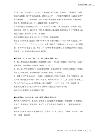 125ライブラリー・リソース・ガイド 2015年 冬号
離島の情報環境リスト
「ひまわり」（北分地区）、けいしょう保育園・本の広場（北分地区）、菱浦地区公民館、
東地区公民館、知々井地区公民館、崎文化センター）／分館の開館時間：各施設に準ず
る／休館日：なし／所蔵冊数：150 ∼ 350冊（図書館を除く各施設平均）／貸出冊数：
740冊、利用者は350ぐらい（図書館を除く各施設平均）
本の宅配便（移動図書館サービス）／ステーション数：14 ／巡回頻度：2ケ月に1回／
利用者数：160人、貸出冊数：300冊（健康福祉課の健康相談実施に併せて図書館も各
地区公民館に出かけてサービスを実施）
県立図書館が配本を実施（年1回、1,200冊、選書は司書）
島民からの持ち込み企画や共催でのイベント開催が増加（コーヒーの淹れ方講座、ライ
ブラリーカフェ、ピアノコンサート、映画上映会及び監督のトークショー、詩の朗読
会、布ナプキン講座など）、ボランティアが絵本のおはなし会を実施（2ケ月に1回）。
保育園、小・中学校図書館への司書配置
■西ノ島・にしのしま（人口：3,136人）島根県西ノ島町
1．西ノ島町立公民館図書室／開館時間：8:30 ∼ 17:00 ／休館日：年末年始、祝日／
所蔵冊数：2,985冊／利用者数（年間）：約250人
2．西ノ島小学校図書室／住民向け開放時間：学校に準ずる／住民向け開放日：学校に
準ずる／所蔵冊数：約7,000冊／利用者数（年間）：延べ50人
3．図書クラブ「来☆ぶらり」（私設）／開館時間：不明／休館日：不明／所蔵冊数：約
200冊／利用者数（年間）：不明 ※毎年、町内外からのリクエスト（紹介）で本を購入。
「ほんのてんらんかい」を3回開催（主催：隠岐アートトライアル 代表：松浦道仁）
島根県立図書館と一括貸出（半年ごと）や資料貸出（個人向け）を利用
海士町中央図書館との相互貸借が可能
■知夫里島・ちぶりじま（人口：657人）島根県知夫村
村内のバス停（5つ）、集会所、診療所などに設置の地域図書／開館時間：年間随時／
休館日：年間随時／所蔵冊数：各300 ∼ 350冊（年2回程度入替）／利用者数（年間）：
200人
島根県立図書館が配本を実施（年2回、保育所：50冊、小学校：300冊、中学校：100
冊）、役場：300冊）
 
