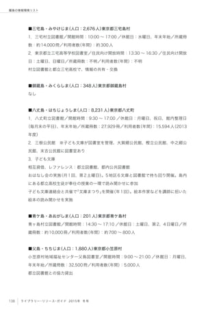 138 ライブラリー・リソース・ガイド 2015年 冬号
離島の情報環境リスト
■三宅島・みやけじま（人口：2,676人）東京都三宅島村
1．三宅村立図書館／開館時間：10:00 ∼ 17:00 ／休館日：水曜日、年末年始／所蔵冊
数：約14,000冊／利用者数（年間）：約300人
2．東京都立三宅高等学校図書室／住民向け開放時間：13:30 ∼ 16:30 ／住民向け開放
日：土曜日、日曜日／所蔵冊数：不明／利用者数（年間）：不明
村立図書館と都立三宅高校で、情報の共有・交換
■御蔵島・みくらしま（人口：348人）東京都御蔵島村
なし
■八丈島・はちじょうしま（人口：8,231人）東京都八丈町
1．八丈町立図書館／開館時間：9:30 ∼ 17:00 ／休館日：月曜日、祝日、館内整理日
（毎月末の平日）、年末年始／所蔵冊数：27,929冊／利用者数（年間）：15,594人（2013
年度）
2．三根公民館 ※子ども文庫が図書室を管理、大賀郷公民館、樫立公民館、中之郷公
民館、末吉公民館に図書室あり
3．子ども文庫
相互貸借、レファレンス：都立図書館、都内公共図書館
おはなし会の実施（月1回、第2土曜日）。5地区6文庫と図書館で持ち回り開催。島内
にある都立高校生徒が奉仕の授業の一環で読み聞かせに参加
子ども文庫連絡会と共催で「文庫まつり」を開催（年1回）。絵本作家などを講師に招いた
絵本の読み聞かせを実施
■青ケ島・あおがしま（人口：201人）東京都青ケ島村
青ヶ島村立図書館／開館時間：14:30 ∼ 17:10 ／休館日：土曜日、第2、4日曜日／所
蔵冊数：約10,000冊／利用者数（年間）：約700 ∼ 800人
■父島・ちちじま（人口：1,880人）東京都小笠原村
小笠原村地域福祉センター父島図書室／開館時間：9:00 ∼ 21:00 ／休館日：月曜日、
年末年始／所蔵冊数：32,500冊／利用者数（年間）：5,000人
都立図書館との協力貸出
 