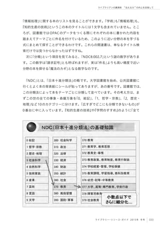 033ライブラリー・リソース・ガイド 2015年 冬号
ライブラリアンの講演術  伝える力 の向上を目指して
「情報処理」に関する本のリストを見ることができます。「学術」も「情報処理」も、
『知的生産の技術』というこの本のタイトルには1文字も含まれていません。とこ
ろが、図書館ではOPACのデータをつくる際にそれぞれの本に書かれた内容を
踏まえてテーマごとに件名を付けているため、このように近い分野の本を芋づる
式にまとめて探すことができるわけです。これらの関連書は、単なるタイトル検
索だけでは見つからなかったはずですね。
次に「分類」という項目を見てみると、「NDC8:002.7」という謎の数字がありま
す。この数字は「請求記号」とも呼ばれますが、実は「件名」よりも高い精度で近い
分野の本を探せる「魔法のカギ」となる数字なのです。
「NDC」とは、「日本十進分類法」の略です。大学図書館を始め、公共図書館に
行くとよく本の背表紙にシールが貼ってありますが、あの番号です。図書館では、
この分類法によって本をテーマごとに分類して並べています。その考え方は、ま
ずこの世の全ての事象・森羅万象を「0．総記」、「1．哲学・宗教」、「2．歴史・
地理」など10のカテゴリーに分けます。「広すぎでどこにも分類できないもの」が
0番台に中に入っています。『知的生産の技術』や『学問のすすめ』のように「全て
 