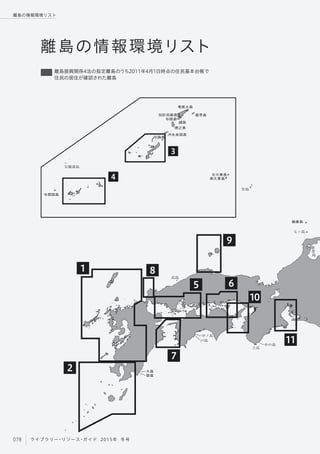1
2
5
8
9
6
10
11
7
3
4
離島の情報環境リスト
七ッ島
離島振興関係4法の指定離島のうち2011年4月1日時点の住民基本台帳で
住民の居住が確認された離島
高島
中ノ島
戸島
大島
中の島
大島
築島
喜界島
奄美大島
請島
加計呂麻島
与路島
徳之島
沖永良部島
与論島
竹島
尖閣諸島
与那国島
北大東島
南大東島
舳倉島
能
登
島
078 ライブラリー・リソース・ガイド 2015年 冬号
離島の情報環境リスト
 