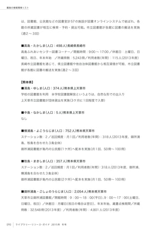 090 ライブラリー・リソース・ガイド 2015年 冬号
離島の情報環境リスト
は、図書館、公民館などの図書室計57の施設が図書オンラインシステムで結ばれ、各
館の所蔵図書が相互に検索・予約・貸出可能。市立図書館が各館に図書の搬送を実施
（週2 ∼ 3回）
■高島・たかしま（人口：498人）長崎県長崎市
高島ふれあいセンター図書コーナー／開館時間：9:00 ∼ 17:00 ／休館日：土曜日、日
曜日、祝日、年末年始 ／所蔵冊数：5,243冊／利用者数（年間）：115人（2013年度）
長崎市立図書館を通じて、県立図書館や他自治体図書館から相互貸借が可能、市立図書
館が各館に図書の搬送を実施（週2 ∼ 3回）
【熊本県】
■湯島・ゆしま（人口：374人）熊本県上天草市
学校の図書館を利用 ※学校図書館解放というよりは、自然な形での出入り
上天草市立図書館が団体貸出を実施（3ケ月に1回程度で入替）
■中島・なかしま（人口：5人）熊本県上天草市
なし
■横浦島・よこうらじま（人口：752人）熊本県天草市
ステーション数：2 ／巡回頻度：月1回／利用者数（年間）：318人（2013年度、御所浦
島、牧島を合わせた3島全体）
御所浦図書館が島内の公民館（1ケ所）へ配本を実施（月1回、50冊∼ 100冊）
■牧島・まきしま（人口：357人）熊本県天草市
ステーション数：2 ／巡回頻度：月1回／利用者数（年間）：318人（2013年度、御所浦、
横浦島を合わせた3島全体）
御所浦図書館が島内の公民館（2ケ所）へ配本を実施（月1回、50冊∼ 100冊）
■御所浦島・ごしょのうらじま（人口：2,054人）熊本県天草市
天草市立御所浦図書館／開館時間：9：00∼18：00（平日）、9：00∼17：00（土曜日、
日曜日、祝日）／休館日：月曜日（祝日の場合は翌日）、年末年始、蔵書点検期間／所蔵
冊数：32,548冊（2013年度）／利用者数（年間）：4,801人（2013年度）
 