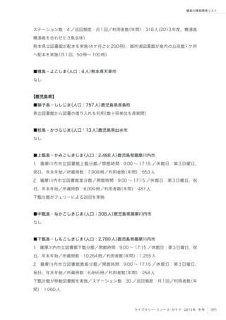 091ライブラリー・リソース・ガイド 2015年 冬号
離島の情報環境リスト
ステーション数：4 ／巡回頻度：月1回／利用者数（年間）：318人（2013年度、横浦島
横浦島を合わせた3島全体）
熊本県立図書館が配本を実施（4ケ月ごと200冊）、御所浦図書館が島内の公民館1ケ所
へ配本を実施（月1回、50冊∼ 100冊）
■横島・よこしま（人口：4人）熊本県天草市
なし
【鹿児島県】
■獅子島・ししじま（人口：757人）鹿児島県長島町
県立図書館から図書の借り入れを利用（数十冊単位を長期間）
■桂島・かつらじま（人口：13人）鹿児島県出水市
なし
■上甑島・かみこしきじま（人口：2,488人）鹿児島県薩摩川内市
1．薩摩川内市立図書館上甑分館／開館時間：9:00 ∼ 17:15 ／休館日：第3日曜日、
祝日、年末年始／所蔵冊数：7,908冊／利用者数（年間）：653人
2．薩摩川内市立図書館里分館／開館時間：9:00 ∼ 17:15 ／休館日：第3日曜日、祝
日、年末年始／所蔵冊数：6,099冊／利用者数（年間）：481人
下甑分館がフェリーによる巡回を実施
■中甑島・なかこしきじま（人口：308人）鹿児島県薩摩川内市
なし
■下甑島・しもこしきじま（人口：2,780人）鹿児島県薩摩川内市
1．薩摩川内市立図書館下甑分館／開館時間：9:00 ∼ 17:15 ／休館日：第3日曜日、祝
日、年末年始／所蔵冊数：10,264冊／利用者数（年間）：1,255人
2．薩摩川内市立図書館鹿島分館／開館時間：9:00 ∼ 17:15 ／休館日：第3日曜日、
祝日、年末年始／所蔵冊数：6,855冊／利用者数（年間）：258人
下甑分館が移動図書館を実施／ステーション数：30 ／巡回頻度：月1回／利用者数（年
間）：1,060人
 