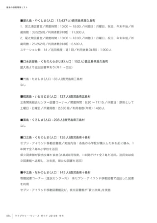 094 ライブラリー・リソース・ガイド 2015年 冬号
離島の情報環境リスト
■屋久島・やくしま（人口：13,437人）鹿児島県屋久島町
1．宮之浦図書室／開館時間：10:00 ∼ 18:00 ／休館日：月曜日、祝日、年末年始／所
蔵冊数：39,525冊／利用者数（年間）：11,000人
2．尾之間図書室／開館時間：10:00 ∼ 18:00 ／休館日：月曜日、祝日、年末年始／所
蔵冊数：26,252冊／利用者数（年間）：6,500人
ステーション数：14 ／巡回頻度：週1回／利用者数（年間）：1,900人
■口永良部島・くちのえらぶじま（人口：152人）鹿児島県屋久島町
屋久島より巡回図書車あり（年1 ∼ 2回）
■竹島・たけしま（人口：83人）鹿児島県三島村
なし
■硫黄島・いおうじま（人口：127人）鹿児島県三島村
三島開発総合センター図書コーナー／開館時間：8:30 ∼ 17:15 ／休館日：原則として
土曜日・日曜日／所蔵冊数：2,630冊／利用者数（年間）：480人
■黒島・くろしま（人口：208人）鹿児島県三島村
なし
■口之島・くちのしま（人口：138人）鹿児島県十島村
セブン・アイランド移動図書館／実施内容：各島の小学校が購入した本を船に積み、1
年間で全7島の小学校を巡回
県立図書館が貸出文庫を実施（各島80冊程度、1年間かけて全7島を巡回。巡回後は県
立図書館へ返却し、次年度、新たな図書を巡回）
■中之島・なかのしま（人口：143人）鹿児島県十島村
寄贈図書コーナー（住民センター内） ※セブン・アイランド移動図書で巡回した図書
を利用
セブン・アイランド移動図書館及び、県立図書館が「貸出文庫」を実施
 