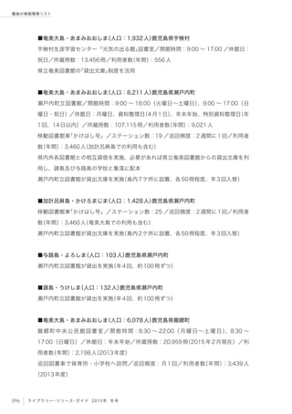 096 ライブラリー・リソース・ガイド 2015年 冬号
離島の情報環境リスト
■奄美大島・あまみおおしま（人口：1,932人）鹿児島県宇検村
宇検村生涯学習センター ｢元気の出る館｣図書室／開館時間：9:00 ∼ 17:00 ／休館日：
祝日／所蔵冊数：13,456冊／利用者数（年間）：556人
県立奄美図書館の「貸出文庫」制度を活用
■奄美大島・あまみおおしま（人口：8,211人）鹿児島県瀬戸内町
瀬戸内町立図書館／開館時間：9:00 ∼ 18:00（火曜日∼土曜日）、9:00 ∼ 17:00（日
曜日・祝日）／休館日：月曜日、資料整理日（4月1日）、年末年始、特別資料整理日（年
1回、14日以内）／所蔵冊数：107,115冊／利用者数（年間）：9,021人
移動図書館車「かけはし号」／ステーション数：19 ／巡回頻度：2週間に1回／利用者
数（年間）：3,460人（加計呂麻島での利用も含む）
県内外各図書館との相互貸借を実施、必要があれば県立奄美図書館からの貸出文庫を利
用し、請島及び与路島の学校と集落に配本
瀬戸内町立図書館が貸出文庫を実施（島内7ケ所に設置、各50冊程度、年3回入替）
■加計呂麻島・かけろまじま（人口：1,428人）鹿児島県瀬戸内町
移動図書館車「かけはし号」／ステーション数：25 ／巡回頻度：2週間に1回／利用者
数（年間）：3,460人（奄美大島での利用も含む）
瀬戸内町立図書館が貸出文庫を実施（島内2ケ所に設置、各50冊程度、年3回入替）
■与路島・よろしま（人口：103人）鹿児島県瀬戸内町
瀬戸内町立図書館が貸出を実施（年4回、約100冊ずつ）
■請島・うけしま（人口：132人）鹿児島県瀬戸内町
瀬戸内町立図書館が貸出を実施（年4回、約100冊ずつ）
■奄美大島・あまみおおしま（人口：6,078人）鹿児島県龍郷町
龍郷町中央公民館図書室／開館時間：8:30 ∼ 22:00（月曜日∼土曜日）、8:30 ∼
17:00（日曜日）／休館日：年末年始／所蔵冊数：20,959冊（2015年2月現在）／利
用者数（年間）：2,198人（2013年度）
巡回図書車で保育所・小学校へ訪問／巡回頻度：月1回／利用者数（年間）：3,439人
（2013年度）
 