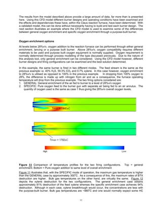 The results from the model described above provide a large amount of data, far more than is presented
here. Using this CFD model different burner designs and operating conditions have been examined and
the effects and dependencies these have, within the Claus reaction furnace, have been determined. With
a validated model, this can be done without necessarily having to build and test each burner design. The
next section illustrates an example where the CFD model is used to examine some of the differences
between general oxygen enrichment and specific oxygen enrichment through a purpose-built burner.


Oxygen enrichment options

At levels below 28%v/v, oxygen addition to the reaction furnace can be performed through either general
enrichment, lancing or a purpose built burner. Above 28%v/v, oxygen compatibility requires different
materials to be used and purpose built oxygen equipment is normally supplied. Oxygen requirement is
normally determined through process modelling of the type discussed previously. Due to the nature of
this analysis tool, only general enrichment can be considered. Using the CFD model however, different
burner designs and firing configurations can be examined and the best solution determined.

In this example, the same burner is fired in two different modes. The feed stream is the same as the
previous example i.e. 40% H2S, 59.3% CO2 and 0.7% xylene. In this case however, oxygen enrichment
to 28%v/v is utilised as opposed to 100% in the previous example. In dropping from 100% oxygen to
28%, the difference is made up with nitrogen from air and as a consequence, the furnace operating
temperature will drop from the previous example. The two firing options considered are:
1. GENERAL: General enrichment of the air fed to burner to a level of 28%v/v oxygen
2. SPECIFIC: Pure oxygen feed to the burner gun with separate air being fed to an air annulus. The
     quantity of oxygen used is the same as case 1 thus giving the 28%v/v overall oxygen levels.




Figure 11 Comparison of temperature profiles for the two firing configurations.         Top = general
enrichment. Bottom = Pure oxygen addition to same level of overall enrichment
Figure 11 illustrates that, with the SPECIFIC mode of operation, the maximum gas temperature is higher
than the GENERAL case by approximately 300oC. As a consequence of this, the maximum rates of BTX
destruction are higher. Bulk gas temperatures on the other hand, are virtually the same. Figure 12
depicts the xylene destruction for the two configurations. The general enrichment case obtains
approximately 81% destruction of the feed xylene whereas the specific enrichment case achieves 94%
destruction. Although in each case, xylene breakthrough would occur, the concentrations are less with
the purpose-built burner. Bulk gas temperatures are ~980oC and one would normally expect some HC


                                                   11
 