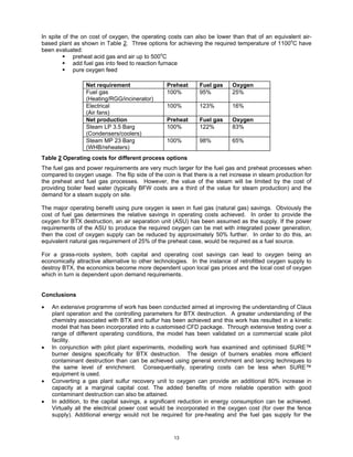 In spite of the on cost of oxygen, the operating costs can also be lower than that of an equivalent air-
based plant as shown in Table 2. Three options for achieving the required temperature of 1100oC have
been evaluated:
             preheat acid gas and air up to 500oC
             add fuel gas into feed to reaction furnace
             pure oxygen feed

                 Net requirement                 Preheat      Fuel gas     Oxygen
                 Fuel gas                        100%         95%          25%
                 (Heating/RGG/incinerator)
                 Electrical                      100%         123%         16%
                 (Air fans)
                 Net production                  Preheat      Fuel gas     Oxygen
                 Steam LP 3.5 Barg               100%         122%         83%
                 (Condensers/coolers)
                 Steam MP 23 Barg                100%         98%          65%
                 (WHB/reheaters)
Table 2 Operating costs for different process options
The fuel gas and power requirements are very much larger for the fuel gas and preheat processes when
compared to oxygen usage. The flip side of the coin is that there is a net increase in steam production for
the preheat and fuel gas processes. However, the value of the steam will be limited by the cost of
providing boiler feed water (typically BFW costs are a third of the value for steam production) and the
demand for a steam supply on site.

The major operating benefit using pure oxygen is seen in fuel gas (natural gas) savings. Obviously the
cost of fuel gas determines the relative savings in operating costs achieved. In order to provide the
oxygen for BTX destruction, an air separation unit (ASU) has been assumed as the supply. If the power
requirements of the ASU to produce the required oxygen can be met with integrated power generation,
then the cost of oxygen supply can be reduced by approximately 50% further. In order to do this, an
equivalent natural gas requirement of 25% of the preheat case, would be required as a fuel source.

For a grass-roots system, both capital and operating cost savings can lead to oxygen being an
economically attractive alternative to other technologies. In the instance of retrofitted oxygen supply to
destroy BTX, the economics become more dependent upon local gas prices and the local cost of oxygen
which in turn is dependent upon demand requirements.


Conclusions

•   An extensive programme of work has been conducted aimed at improving the understanding of Claus
    plant operation and the controlling parameters for BTX destruction. A greater understanding of the
    chemistry associated with BTX and sulfur has been achieved and this work has resulted in a kinetic
    model that has been incorporated into a customised CFD package. Through extensive testing over a
    range of different operating conditions, the model has been validated on a commercial scale pilot
    facility.
•   In conjunction with pilot plant experiments, modelling work has examined and optimised SURE™
    burner designs specifically for BTX destruction. The design of burners enables more efficient
    contaminant destruction than can be achieved using general enrichment and lancing techniques to
    the same level of enrichment. Consequentially, operating costs can be less when SURE™
    equipment is used.
•   Converting a gas plant sulfur recovery unit to oxygen can provide an additional 80% increase in
    capacity at a marginal capital cost. The added benefits of more reliable operation with good
    contaminant destruction can also be attained.
•   In addition, to the capital savings, a significant reduction in energy consumption can be achieved.
    Virtually all the electrical power cost would be incorporated in the oxygen cost (for over the fence
    supply). Additional energy would not be required for pre-heating and the fuel gas supply for the


                                                    13
 