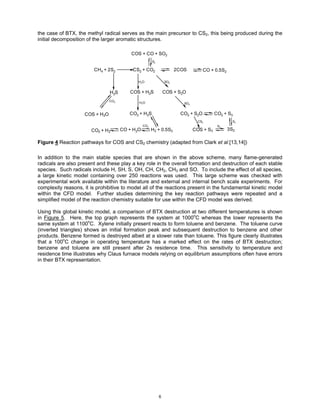 the case of BTX, the methyl radical serves as the main precursor to CS2, this being produced during the
initial decomposition of the larger aromatic structures.

                                          COS + CO + SO2
                                                        S2

                        CH4 + 2S2          CS2 + CO2                   2COS          CO + 0.5S2

                                             H2O                 SO2


                                H2S       COS + H2S              COS + S2O
                                CO2           H2O                         SO2


                    COS + H2O             CO2 + H 2S                     CO2 + S2O         CO2 + S3
                                                                                  CS2               S3
                                                  CO2                                       S3
                       CO2 + H 2      CO + H 2O         H2 + 0.5S2              COS + S3          3S2

Figure 4 Reaction pathways for COS and CS2 chemistry (adapted from Clark et al.[13,14])

In addition to the main stable species that are shown in the above scheme, many flame-generated
radicals are also present and these play a key role in the overall formation and destruction of each stable
species. Such radicals include H, SH, S, OH, CH, CH2, CH3 and SO. To include the effect of all species,
a large kinetic model containing over 250 reactions was used. This large scheme was checked with
experimental work available within the literature and external and internal bench scale experiments. For
complexity reasons, it is prohibitive to model all of the reactions present in the fundamental kinetic model
within the CFD model. Further studies determining the key reaction pathways were repeated and a
simplified model of the reaction chemistry suitable for use within the CFD model was derived.

Using this global kinetic model, a comparison of BTX destruction at two different temperatures is shown
in Figure 5. Here, the top graph represents the system at 1000oC whereas the lower represents the
same system at 1100oC. Xylene initially present reacts to form toluene and benzene. The toluene curve
(inverted triangles) shows an initial formation peak and subsequent destruction to benzene and other
products. Benzene formed is destroyed albeit at a slower rate than toluene. This figure clearly illustrates
that a 100oC change in operating temperature has a marked effect on the rates of BTX destruction;
benzene and toluene are still present after 2s residence time. This sensitivity to temperature and
residence time illustrates why Claus furnace models relying on equilibrium assumptions often have errors
in their BTX representation.




                                                             6
 