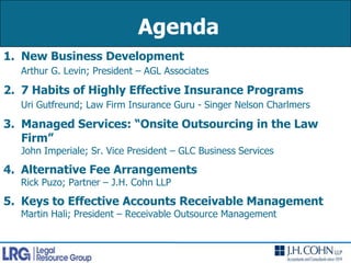  AgendaNew Business DevelopmentArthur G. Levin; President – AGL Associates7 Habits of Highly Effective Insurance ProgramsUri Gutfreund; Law Firm Insurance Guru - Singer Nelson CharlmersManaged Services: “Onsite Outsourcing in the Law Firm”John Imperiale; Sr. Vice President – GLC Business ServicesAlternative Fee ArrangementsRick Puzo; Partner – J.H. Cohn LLPKeys to Effective Accounts Receivable ManagementMartin Hali; President – Receivable Outsource Management