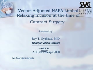 Presented by: Ray T. Oyakawa, M.D. Sharper Vision Centers A MEDICAL GROUP Vector-Adjusted NAPA Limbal Relaxing Incision at the time of Cataract Surgery   No financial interests ASCRS Chicago 2008 