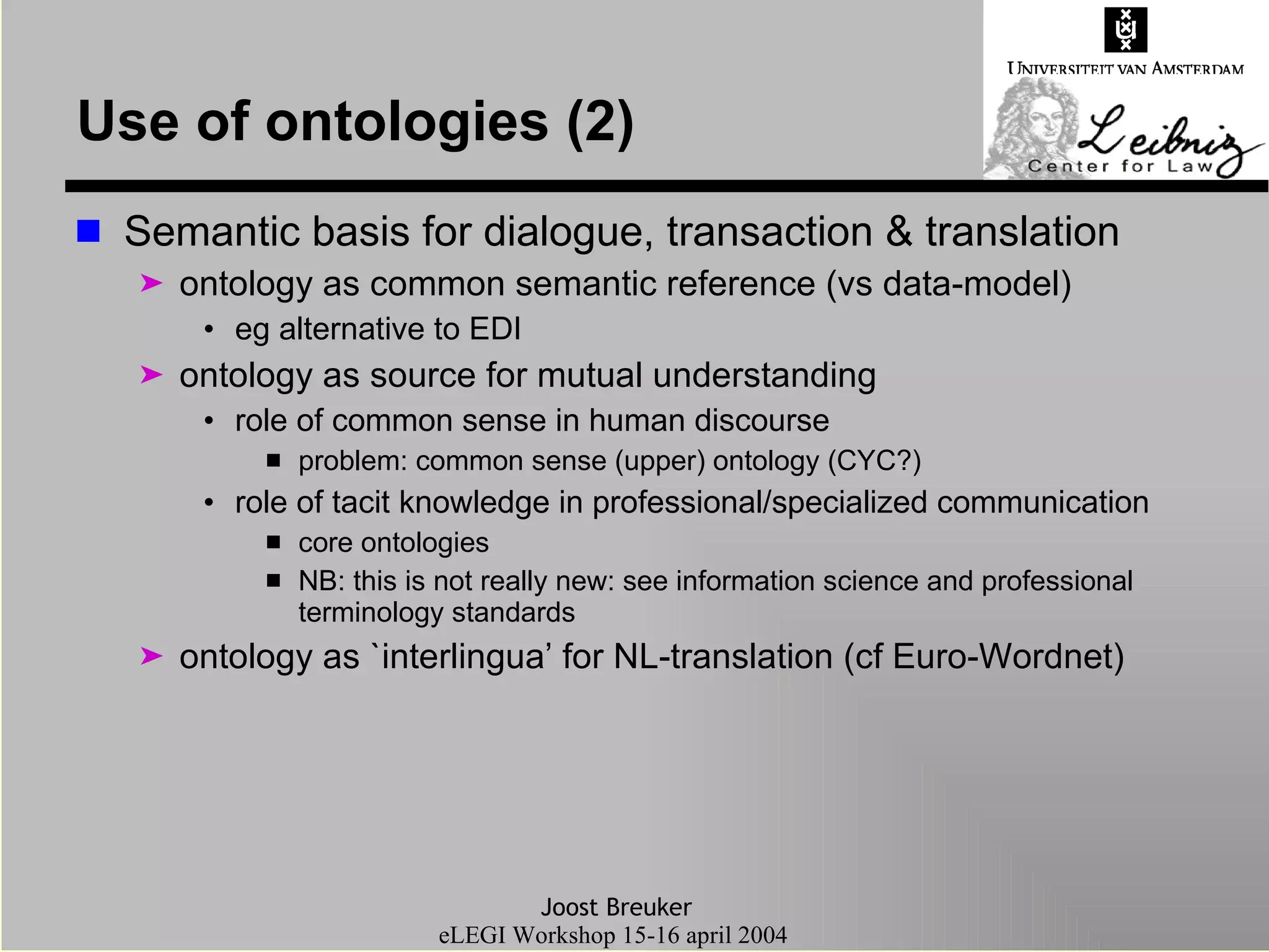 Use of ontologies (2) Semantic basis for dialogue, transaction & translation ontology as common semantic reference (vs data-model) eg alternative to EDI ontology as source for mutual understanding role of common sense in human discourse problem: common sense (upper) ontology (CYC?) role of tacit knowledge in professional/specialized communication core ontologies NB: this is not really new: see information science and professional terminology standards ontology as `interlingua’ for NL-translation (cf Euro-Wordnet) 