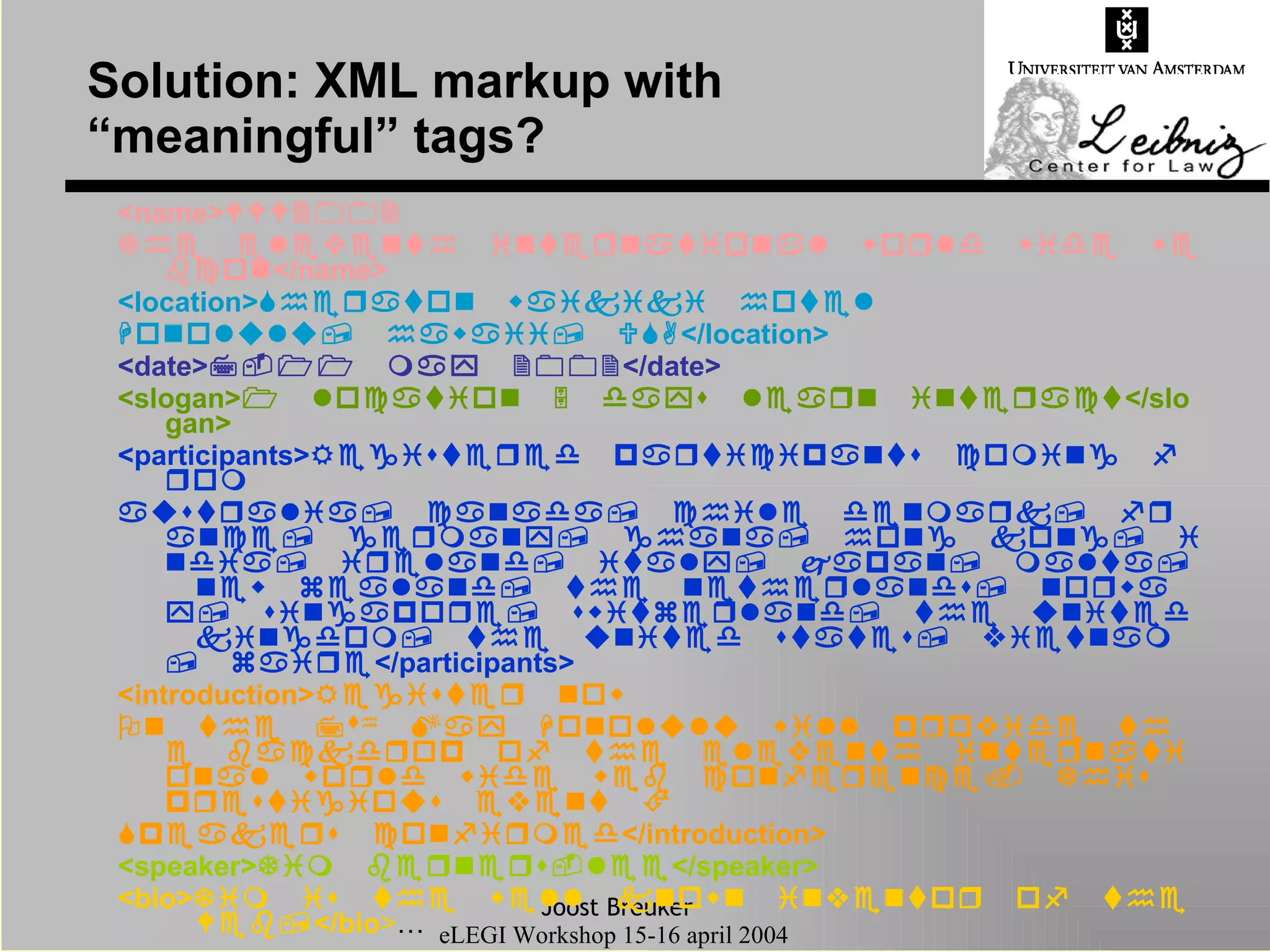 Solution: XML markup with “meaningful” tags? <name>   </name> <location>   </location> <date>  </date> <slogan>  </slogan> <participants>   </participants> <introduction>    …  </introduction> <speaker>  </speaker> <bio>  </bio > … 