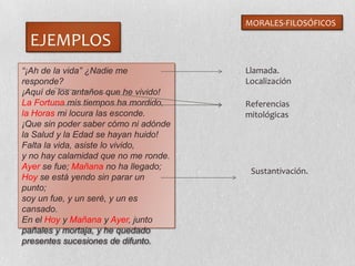 EJEMPLOS
“¡Ah de la vida” ¿Nadie me
responde?
¡Aquí de los antaños que he vivido!
La Fortuna mis tiempos ha mordido,
la Horas mi locura las esconde.
¡Que sin poder saber cómo ni adónde
la Salud y la Edad se hayan huido!
Falta la vida, asiste lo vivido,
y no hay calamidad que no me ronde.
Ayer se fue; Mañana no ha llegado;
Hoy se está yendo sin parar un
punto;
soy un fue, y un seré, y un es
cansado.
En el Hoy y Mañana y Ayer, junto
pañales y mortaja, y he quedado
presentes sucesiones de difunto.
MORALES-FILOSÓFICOS
Llamada.
Localización
Referencias
mitológicas
Sustantivación.
 