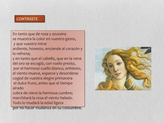 En tanto que de rosa y azucena
se muestra la color en vuestro gesto,
y que vuestro mirar
ardiente, honesto, enciende al corazón y
lo refrena;
y en tanto que el cabello, que en la vena
del oro se escogió, con vuelo presto,
por el hermoso cuello blanco, enhiesto,
el viento mueve, esparce y desordena:
coged de vuestra alegre primavera
el dulce fruto, antes que el tiempo
airado
cubra de nieve la hermosa cumbre;
marchitará la rosa el viento helado.
Todo lo mudará la edad ligera
por no hacer mudanza en su costumbre.
CONTRASTE
 