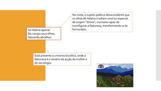 Se Helena apartar 
Do campo seus olhos, 
Nascerão abrolhos. 
No mote, o sujeito poético deixa evidente que 
os olhos de Helena irradiam uma luz especial, 
de origem “divina”, inumana capaz de 
transfigurar a Natureza, transformando-a de 
forma bela. 
Está presente o universo bucólico, onde a 
Natureza é o cenário da acção da mulher e 
do seu elogio. 
 