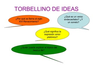 TORBELLINO DE IDEAS
¿Por qué se llama al siglo
XVI Renacimiento?
¿Qué es un verso
endecasílabo? ¿Y
un soneto?
¿Qué signifi...
