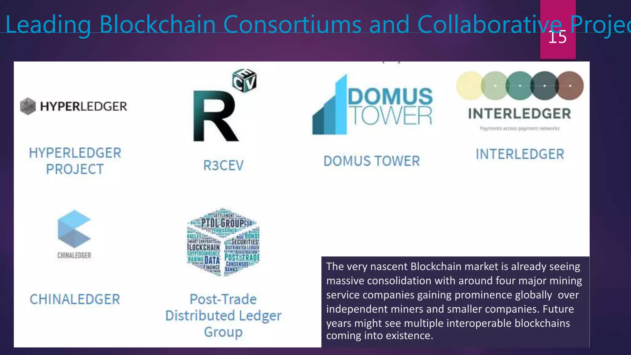 15
Leading Blockchain Consortiums and Collaborative Projec
The very nascent Blockchain market is already seeing
massive consolidation with around four major mining
service companies gaining prominence globally over
independent miners and smaller companies. Future
years might see multiple interoperable blockchains
coming into existence.
 
