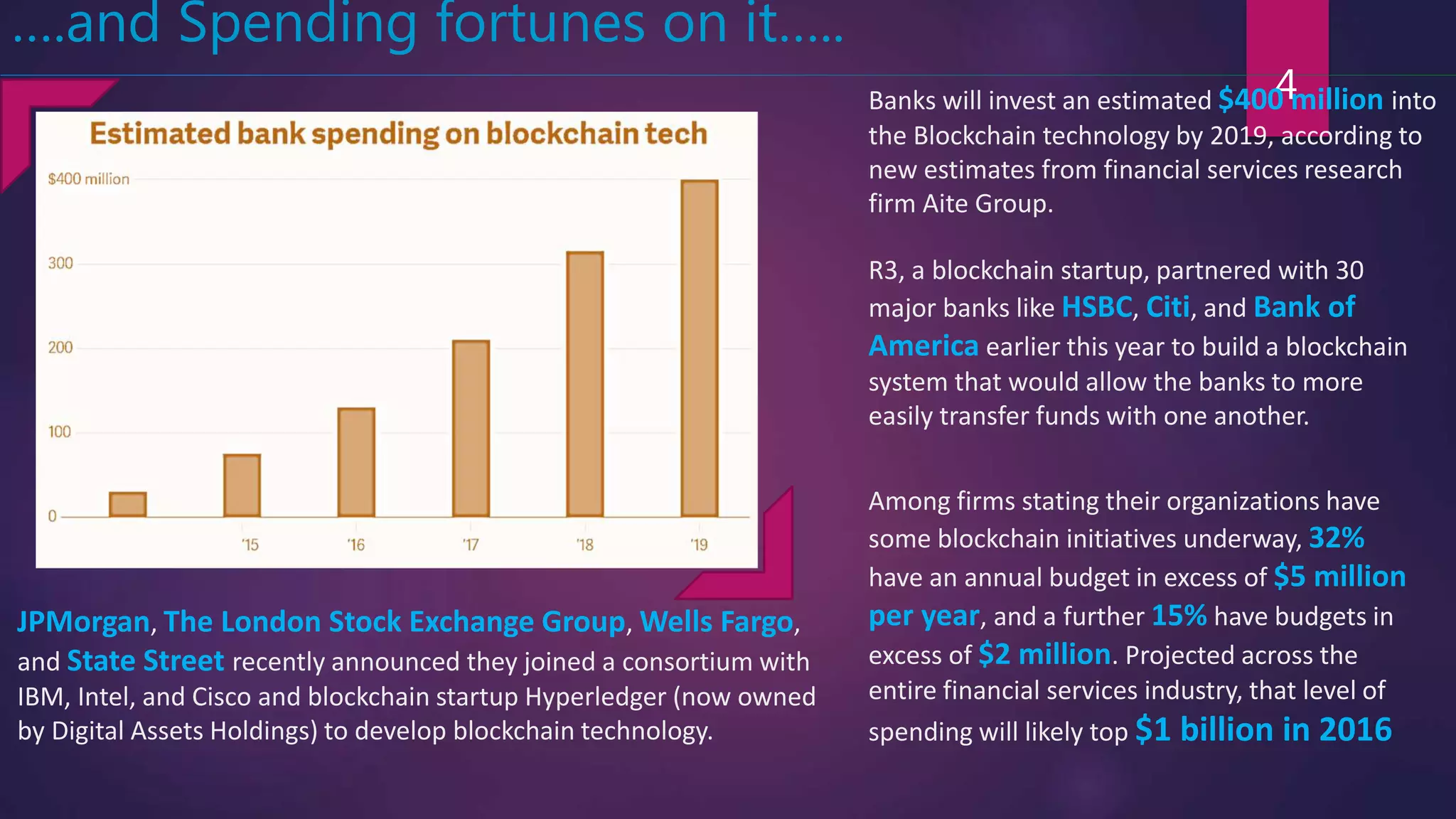 4
….and Spending fortunes on it…..
Banks will invest an estimated $400 million into
the Blockchain technology by 2019, according to
new estimates from financial services research
firm Aite Group.
JPMorgan, The London Stock Exchange Group, Wells Fargo,
and State Street recently announced they joined a consortium with
IBM, Intel, and Cisco and blockchain startup Hyperledger (now owned
by Digital Assets Holdings) to develop blockchain technology.
R3, a blockchain startup, partnered with 30
major banks like HSBC, Citi, and Bank of
America earlier this year to build a blockchain
system that would allow the banks to more
easily transfer funds with one another.
Among firms stating their organizations have
some blockchain initiatives underway, 32%
have an annual budget in excess of $5 million
per year, and a further 15% have budgets in
excess of $2 million. Projected across the
entire financial services industry, that level of
spending will likely top $1 billion in 2016
 