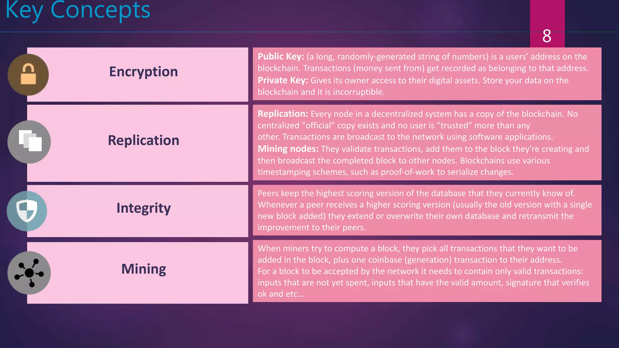 8
Key Concepts
Public Key: (a long, randomly-generated string of numbers) is a users’ address on the
blockchain. Transactions (money sent from) get recorded as belonging to that address.
Private Key: Gives its owner access to their digital assets. Store your data on the
blockchain and it is incorruptible.
Replication: Every node in a decentralized system has a copy of the blockchain. No
centralized "official" copy exists and no user is "trusted" more than any
other. Transactions are broadcast to the network using software applications.
Mining nodes: They validate transactions, add them to the block they're creating and
then broadcast the completed block to other nodes. Blockchains use various
timestamping schemes, such as proof-of-work to serialize changes.
Peers keep the highest scoring version of the database that they currently know of.
Whenever a peer receives a higher scoring version (usually the old version with a single
new block added) they extend or overwrite their own database and retransmit the
improvement to their peers.
Encryption
Replication
Integrity
When miners try to compute a block, they pick all transactions that they want to be
added in the block, plus one coinbase (generation) transaction to their address.
For a block to be accepted by the network it needs to contain only valid transactions:
inputs that are not yet spent, inputs that have the valid amount, signature that verifies
ok and etc...
Mining
 