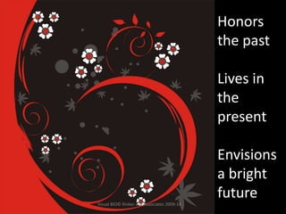 Honors
the past
Lives in
the
present
Envisions
a bright
future
Visual BIO© Rinker and Associates 2009-14
 