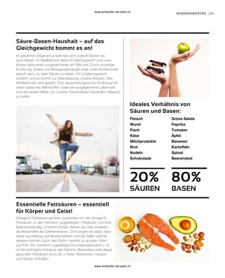 21
20% 80%
Säure-Basen-Haushalt – auf das
Gleichgewicht kommt es an!
Ideales Verhältnis von
Säuren und Basen:
Grüne Salate
Paprika
Tomaten
Äpfel
Bananen
Kartoffeln
Spinat
Beerenobst
Fleisch
Wurst
Fisch
Käse
Milchprodukte
Brot
Nudeln
Schokolade
Essentielle Fettsäuren – essentiell
für Körper und Geist!
WISSENSWERTES |
Im gesamten Organismus befinden sich sowohl Säuren als
auch Basen. Im Idealfall sind diese im Gleichgewicht und unser
Körper weist einen ausgeglichenen pH-Wert auf. Durch einseitige
Ernährung, Stress und Bewegungsmangel neigt unser Stoffwechsel
jedoch dazu, zu viele Säuren zu bilden. Ein Ungleichgewicht
entsteht und es kommt zur Übersäuerung unseres Körpers. Das
Wohlbefinden wird gestört. Eine abwechslungsreiche Ernährung mit
vielen basischen Nährstoffen sowie ein ausgeglichener Lebensstil
sind die besten Mittel, um unseren Säure-Basen-Haushalt in Balance
zu halten.
Omega-3-Fettsäuren gehören zusammen mit den Omega-6-
Fettsäuren zu den mehrfach ungesättigten Fettsäuren und sind
lebensnotwendig. Unserem Körper dienen sie unter anderem
als Bestandteil der Zellmembranen. Dort sorgen sie dafür, dass
diese durchlässig und flexibel bleiben und die Zellen optimal
arbeiten können. Auch das Gehirn besteht zu grossen Teilen
aus Fett. Die mehrfach ungesättigte Docosahexaensäure z. B.
ist die wichtigste Fettsäure des Gehirns. Besonders viele dieser
gesunden Fettsäuren sind z.B. in fetten Seefischen, Nüssen
und Samen enthalten.
BASEN
SÄUREN
www.einkaufen-ab-werk.ch
www.einkaufen-ab-werk.ch
 