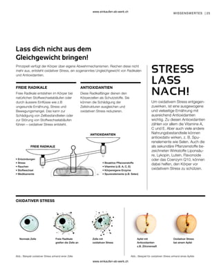 25
WISSENSWERTES |
ANTIOXIDANTIEN
OXIDATIVER STRESS
Normale Zelle
Abb.: Beispiel für oxidativen Stress anhand eines Apfels
Abb.: Beispiel oxidativer Stress anhand einer Zelle
Freie Radikale
greifen die Zelle an
Zelle mit
oxidativen Stress
Apfel mit
Antioxidantien
z.B. Zitronensaft
Oxidativer Stress
bei einem Apfel
STRESS
LASS
NACH!
Lass dich nicht aus dem
Gleichgewicht bringen!
ANTIOXIDANTIEN
FREIE RADIKALE
• Entzündungen
• Stress
• Rauchen
• Stoffwechsel
• Medikamente
• Bioaktive Pflanzenstoffe
• Vitamine (z.B. A, C, E)
• Körpereigene Enzyme
• Spurenelemente (z.B. Selen)
Prinzipiell verfügt der Körper über eigene Abwehrmechanismen. Reichen diese nicht
mehr aus, entsteht oxidativer Stress, ein sogenanntes Ungleichgewicht von Radikalen
und Antioxidantien.
FREIE RADIKALE
Um oxidativem Stress entgegen-
zuwirken, ist eine ausgewogene
und vielseitige Ernährung mit
ausreichend Antioxidantien
wichtig. Zu diesen Antioxidantien
zählen vor allem die Vitamine A,
C und E. Aber auch viele andere
Nahrungsbestandteile können
antioxidativ wirken, z. B. Spu-
renelemente wie Selen. Auch die
als sekundäre Pflanzenstoffe be-
zeichneten Wirkstoffe Liponsäu-
re, Lykopin, Lutein, Flavonoide
oder das Coenzym Q10, können
dabei helfen, den Körper vor
oxidativem Stress zu schützen.
Diese Radikalfänger dienen den
Körperzellen als Schutzstoffe. Sie
können die Schädigung der
Zellstrukturen ausgleichen und
oxidativen Stress reduzieren.
Freie Radikale entstehen im Körper bei
natürlichen Stoffwechselabläufen oder
durch äussere Einflüsse wie z.B
ungesunde Ernährung, Stress und
Bewegungsmangel. Das kann zur
Schädigung von Zellbestandteilen oder
zur Störung von Stoffwechselabläufen
führen – oxidativer Stress entsteht.
www.einkaufen-ab-werk.ch
www.einkaufen-ab-werk.ch
 